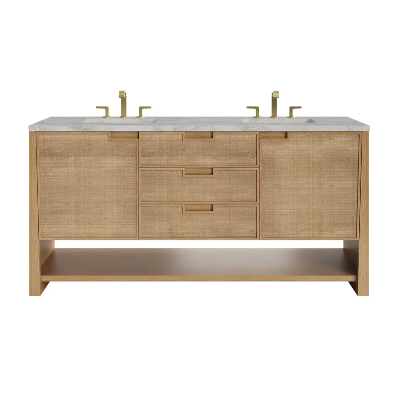 Solene 72" Double Vanity, Seaside Oak, w/ 3 CM Victorian Silver Silestone Top w/ FreePower Wireless Charger