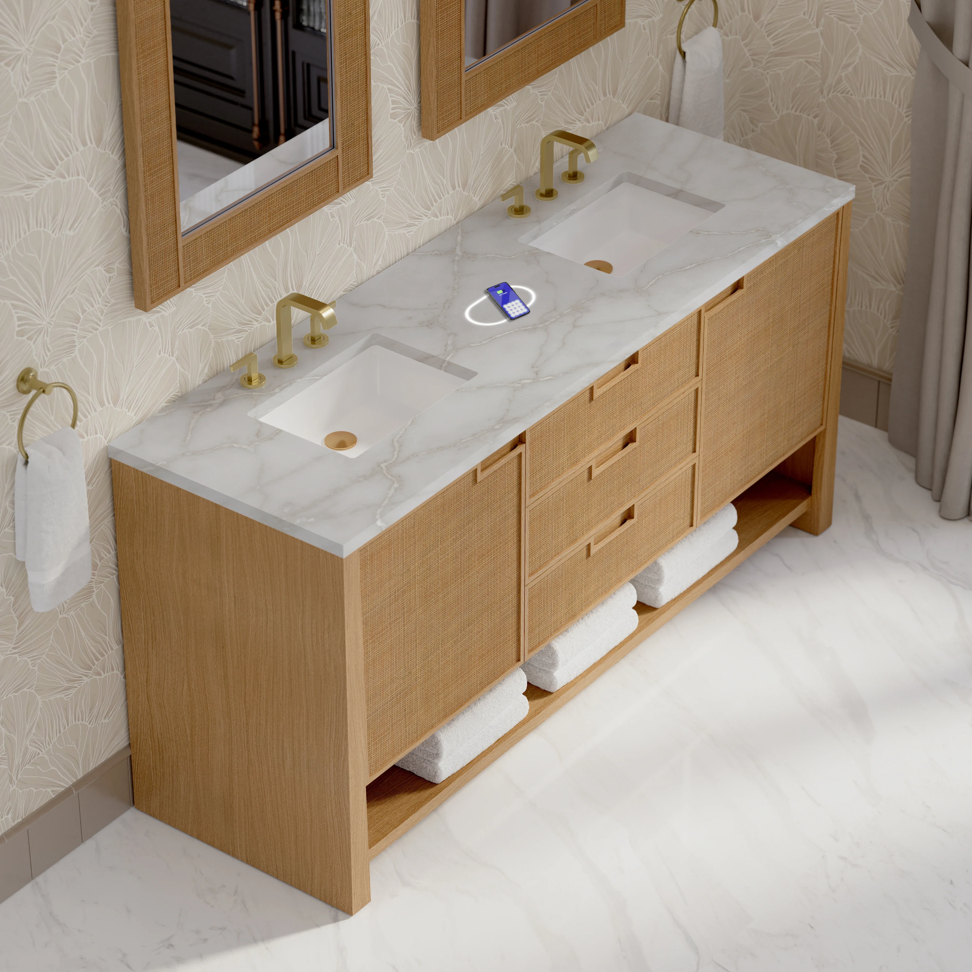 Solene 72" Double Vanity, Seaside Oak, w/ 3 CM Victorian Silver Silestone Top w/ FreePower Wireless Charger