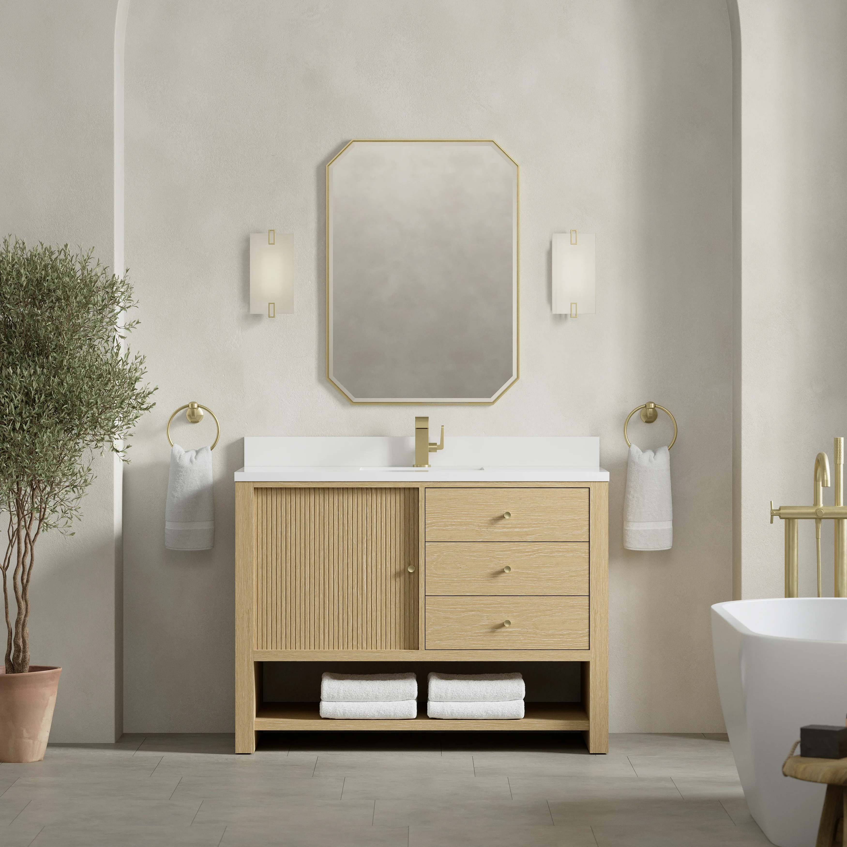 Marigot 48" Single Vanity, Sunwashed Oak w/ Single Hole 3 CM White Zeus Silestone Top & Backsplash