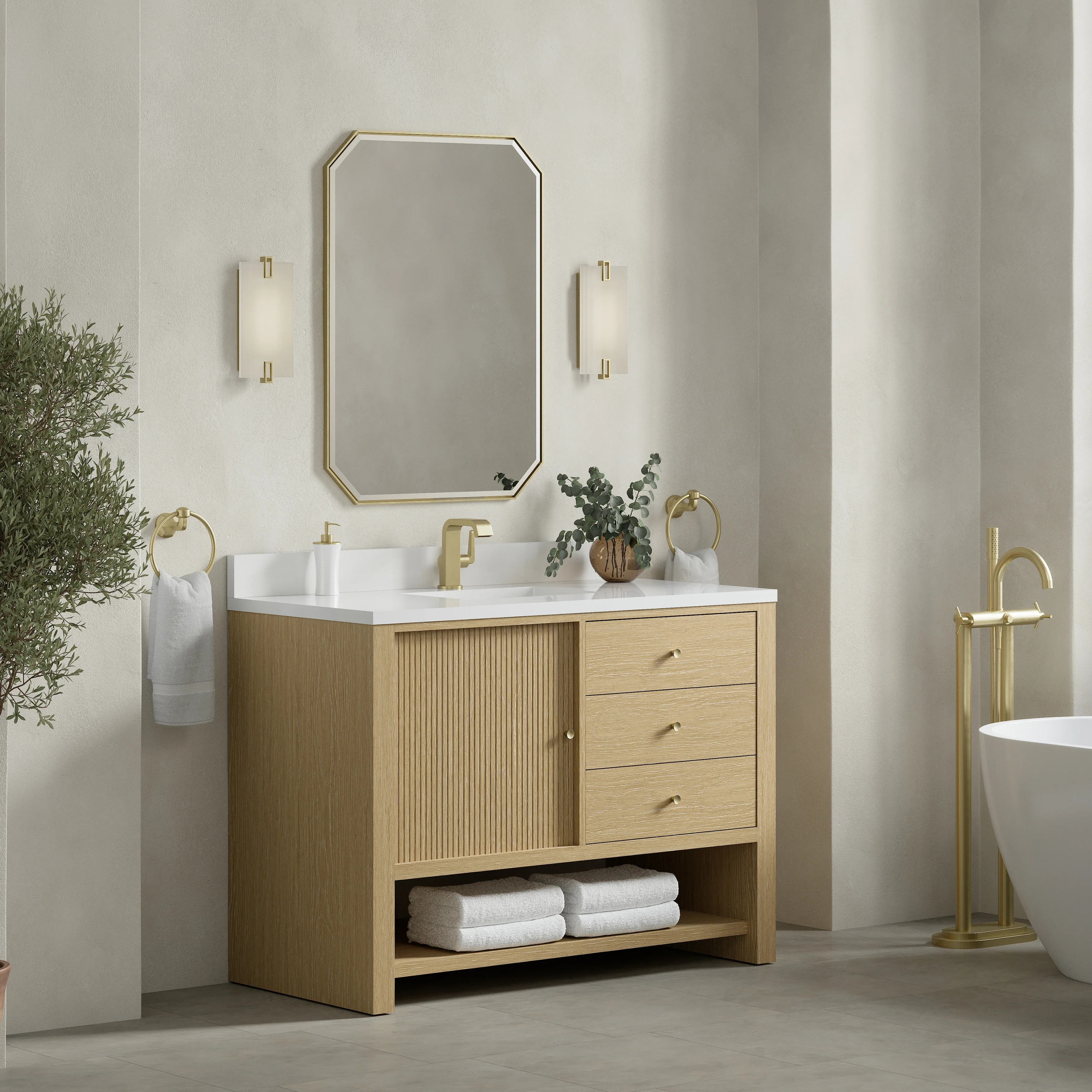 Marigot 48" Single Vanity, Sunwashed Oak w/ Single Hole 3 CM White Zeus Silestone Top & Backsplash