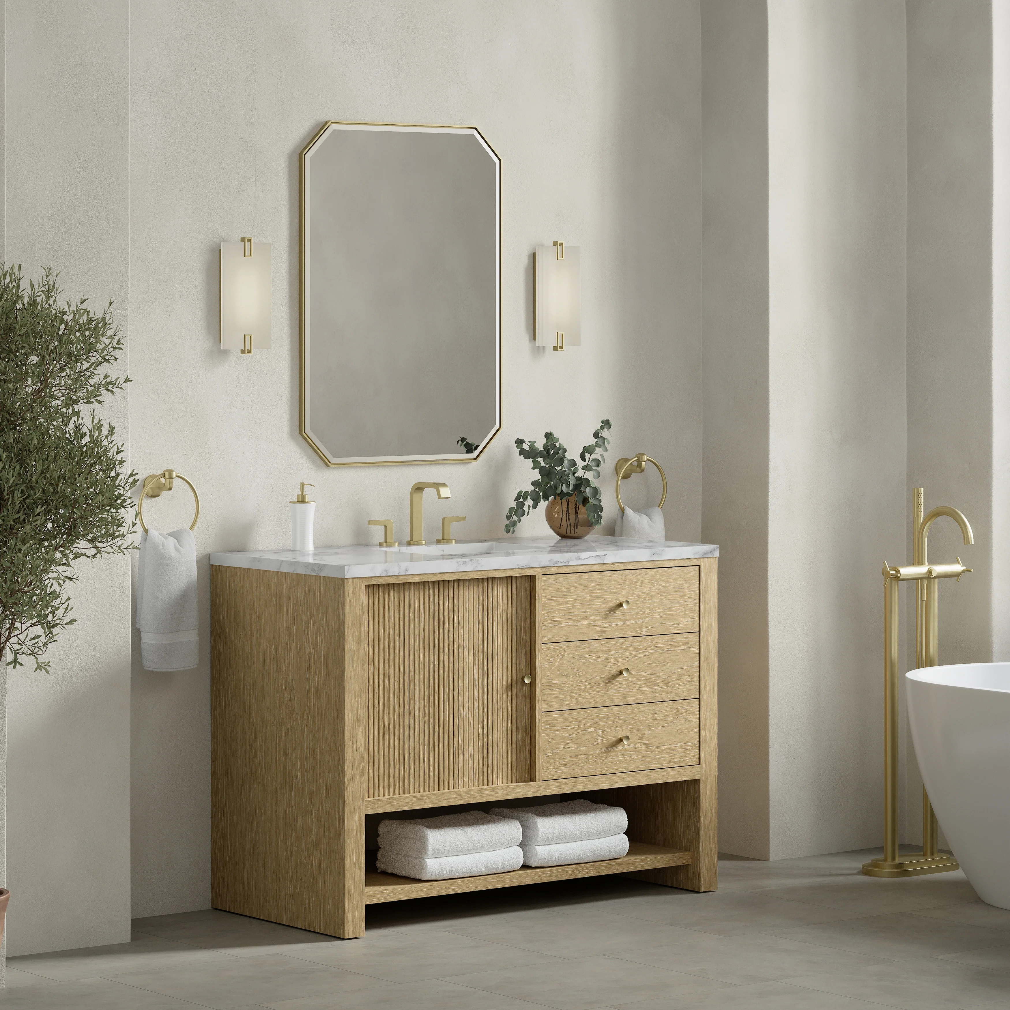 Marigot 48" Single Vanity, Sunwashed Oak w/ 3 CM Carrara White Marble Top