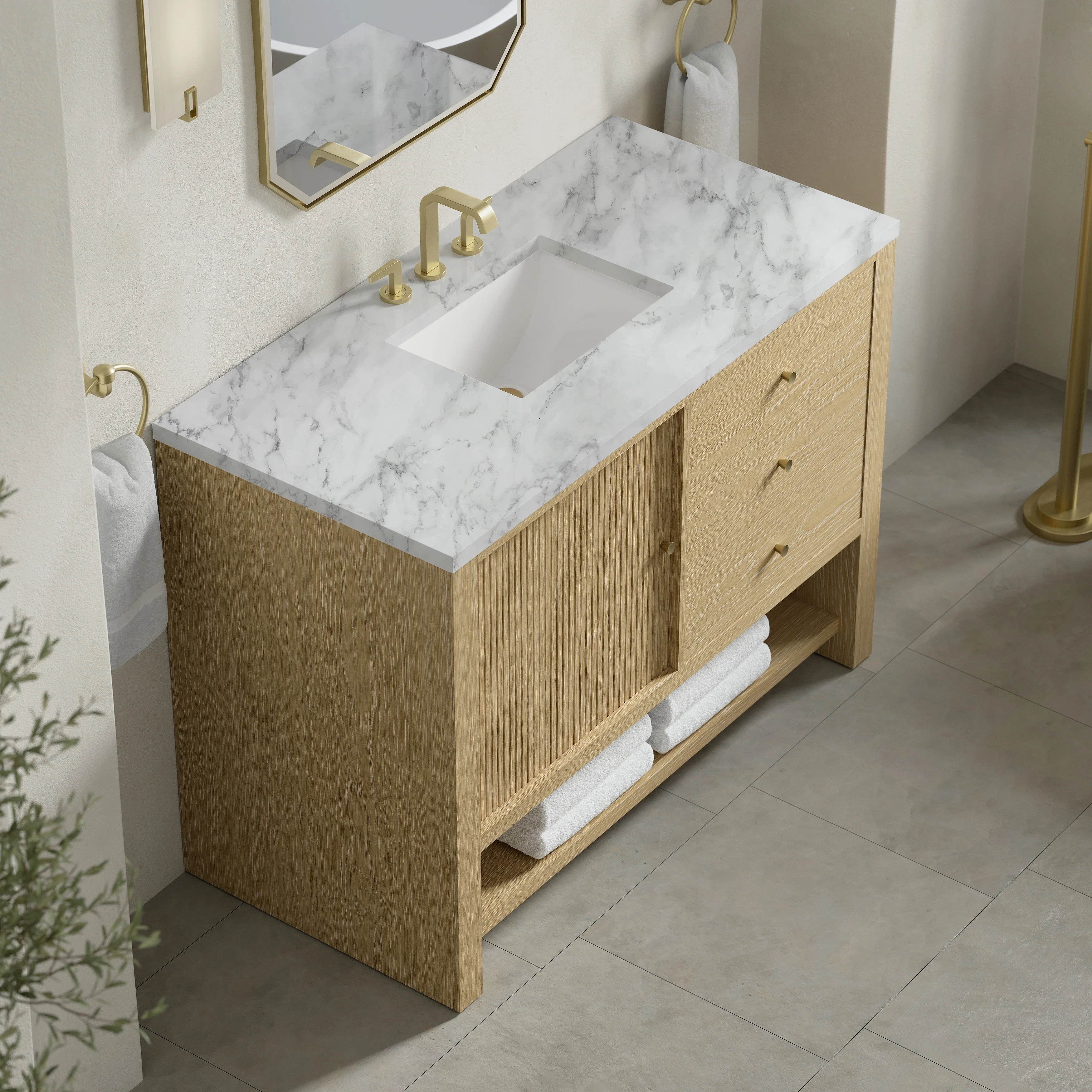 Marigot 48" Single Vanity, Sunwashed Oak w/ 3 CM Carrara White Marble Top