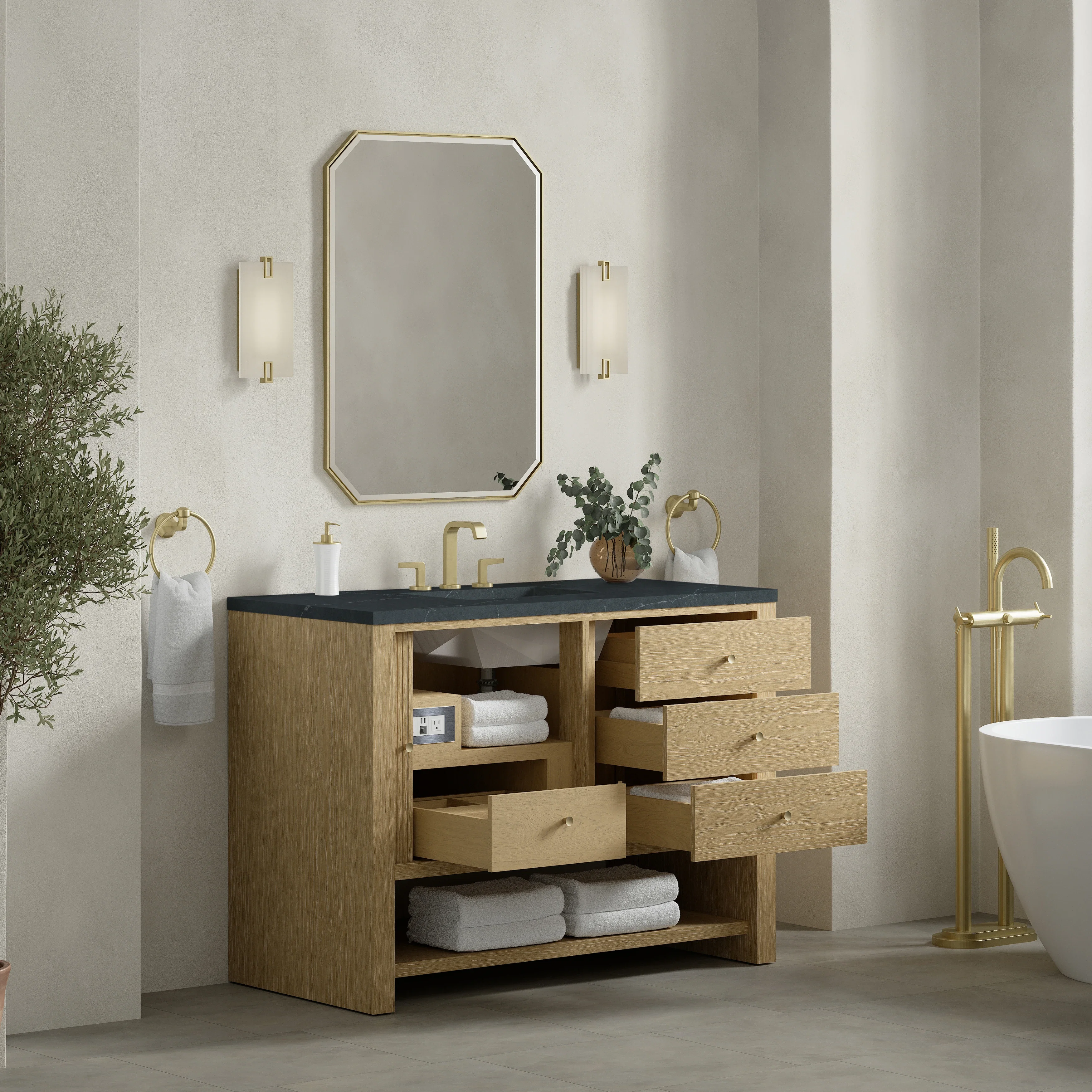 Marigot 48" Single Vanity, Sunwashed Oak w/ 3 CM Charcoal Soapstone Silestone Top