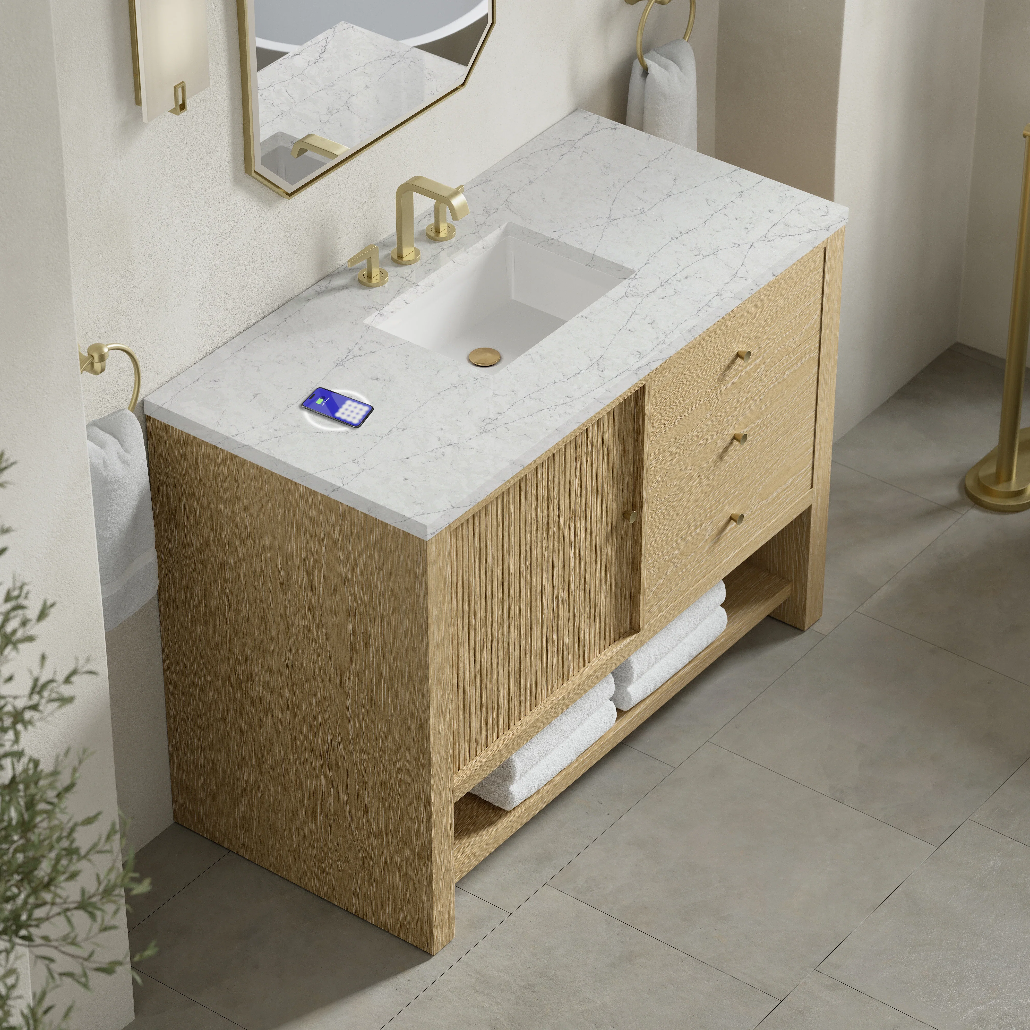 Marigot 48" Single Vanity, Sunwashed Oak w/ 3 CM Eternal Jasmine Pearl Silestone Top w/ FreePower Wireless Charger