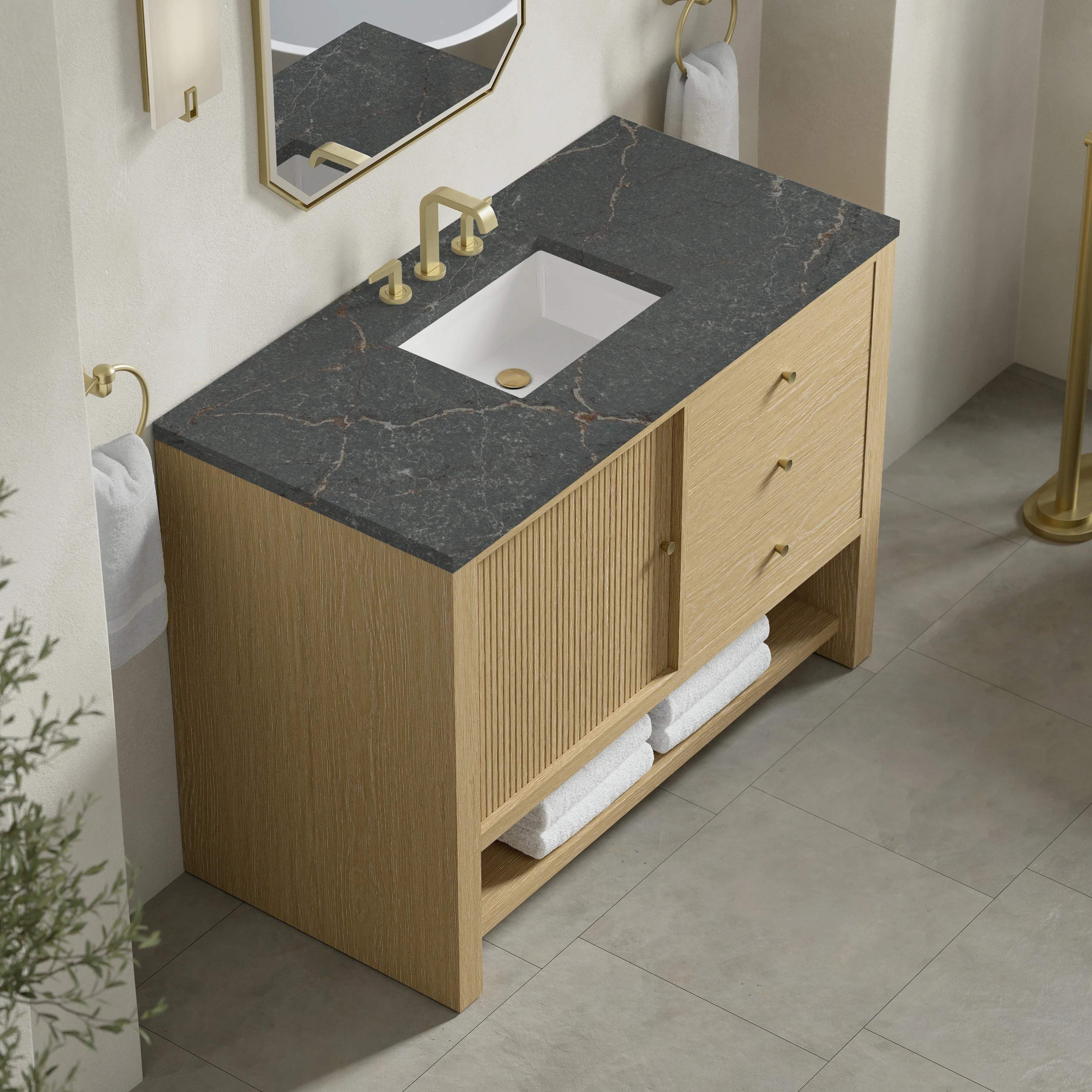 Marigot 48" Single Vanity, Sunwashed Oak w/ 3 CM Parisien Bleu Silestone Top w/ FreePower Wireless Charger