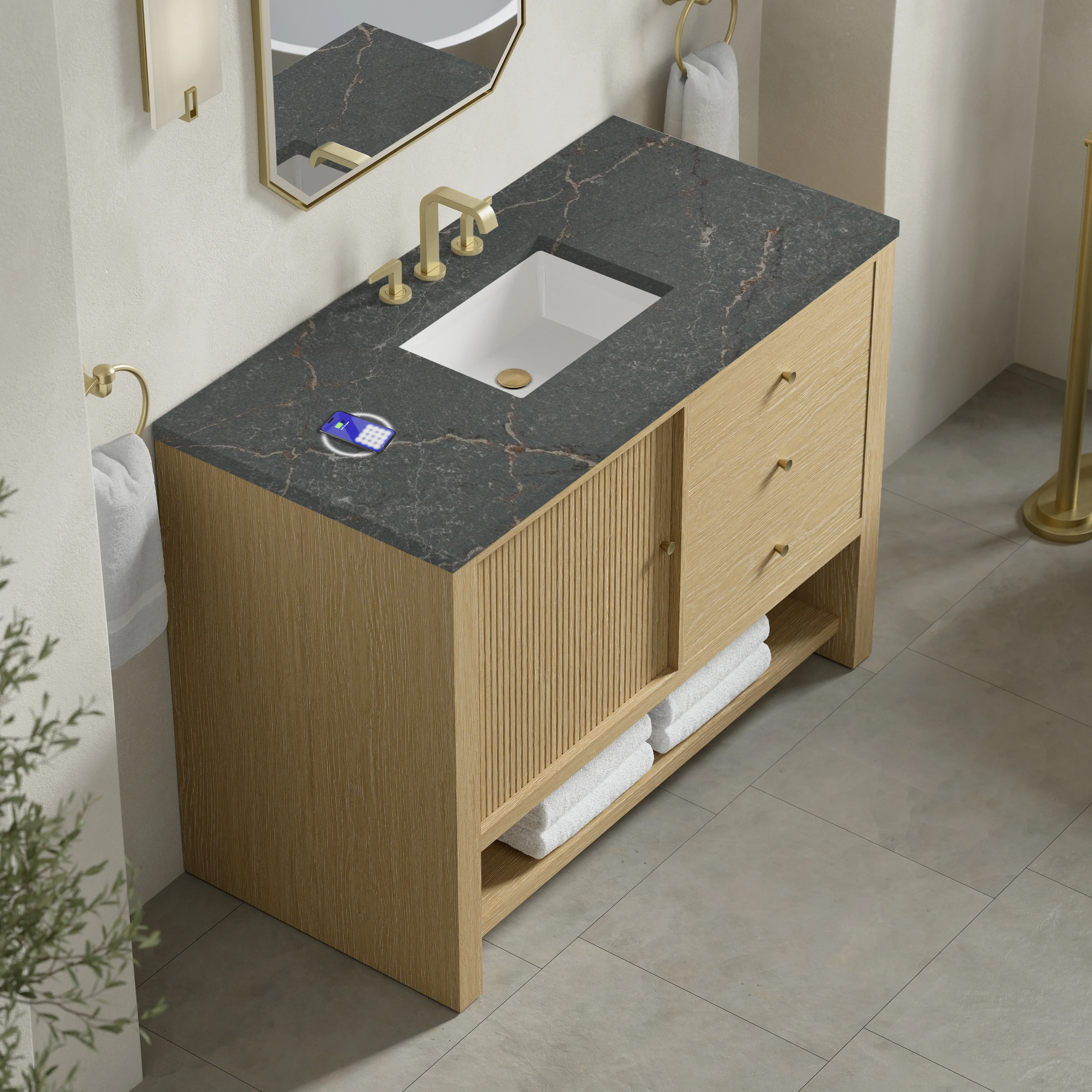Marigot 48" Single Vanity, Sunwashed Oak w/ 3 CM Parisien Bleu Silestone Top w/ FreePower Wireless Charger