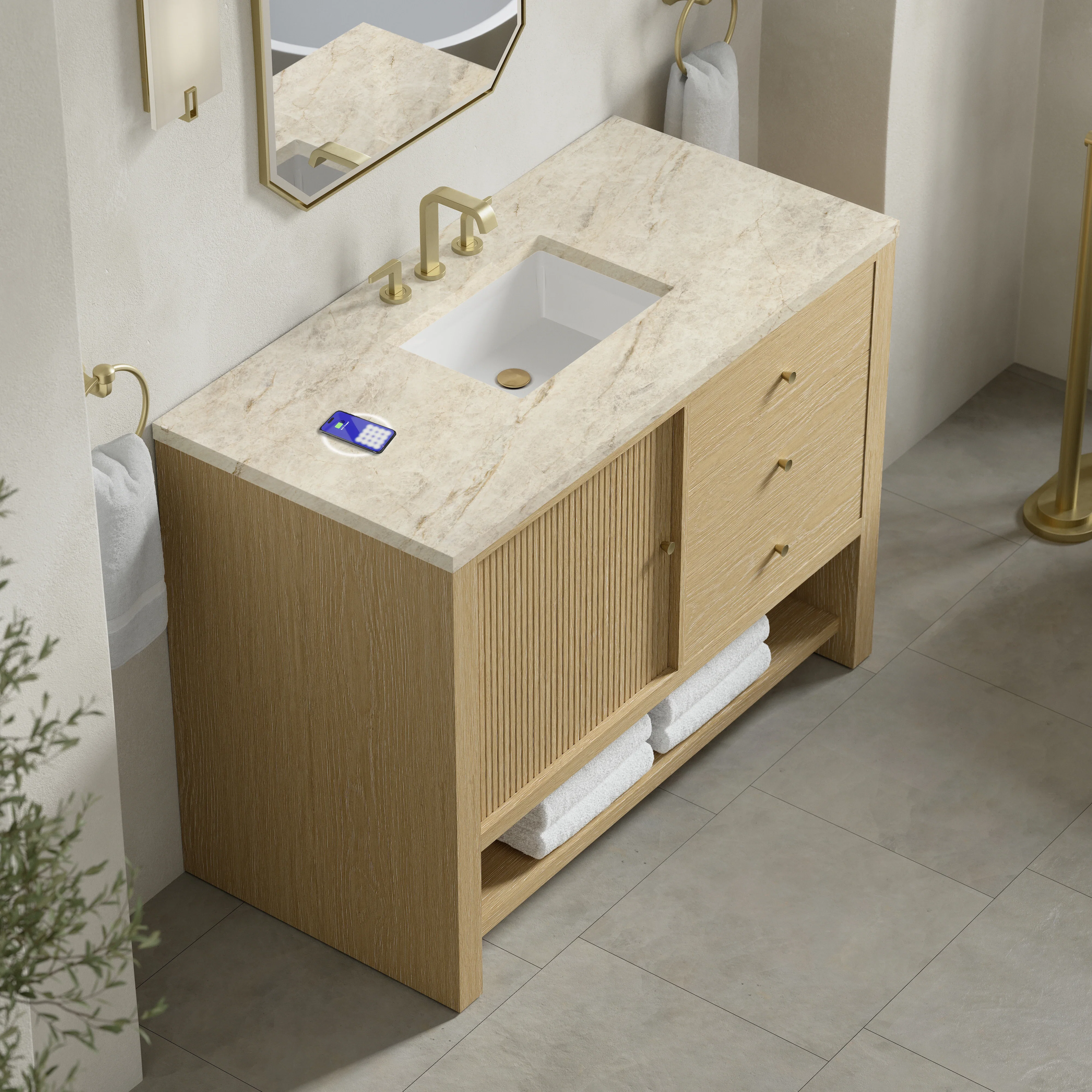 Marigot 48" Single Vanity, Sunwashed Oak, w/ 3 CM Tajnar Eclos Top w/FreePower Wireless Charger