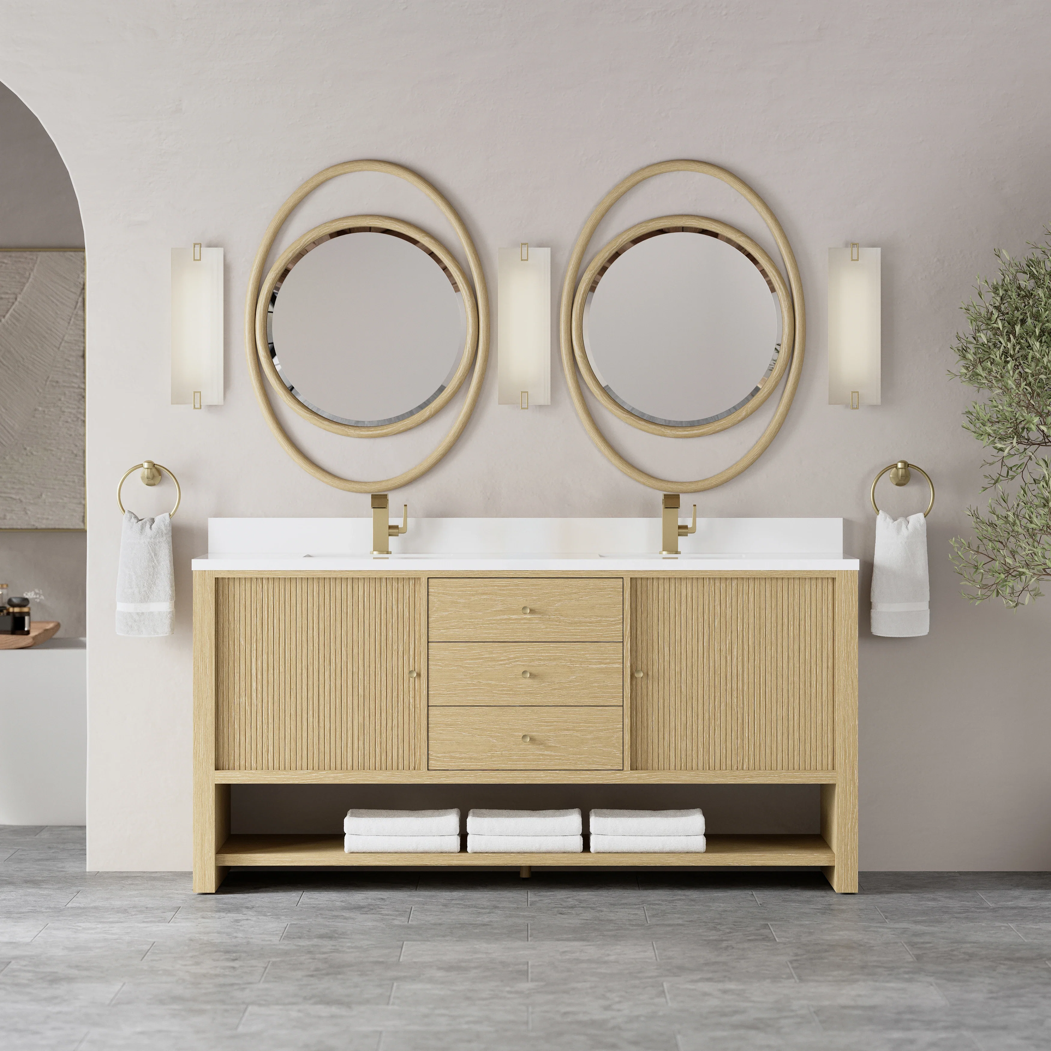Marigot 72" Double Vanity, Sunwashed Oak w/ Hole 3 CM White Zeus Silestone Top & Backsplash