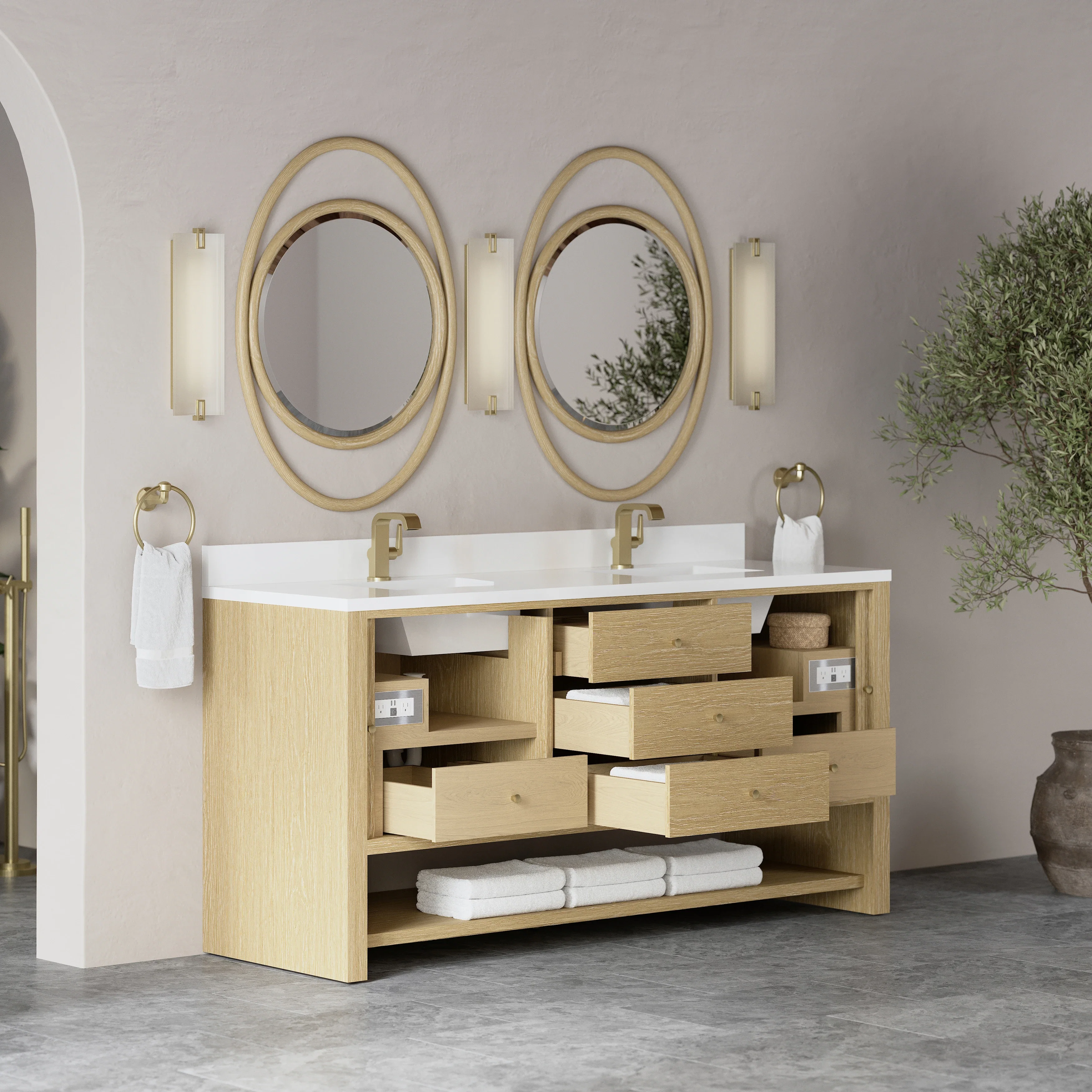 Marigot 72" Double Vanity, Sunwashed Oak w/ Hole 3 CM White Zeus Silestone Top & Backsplash