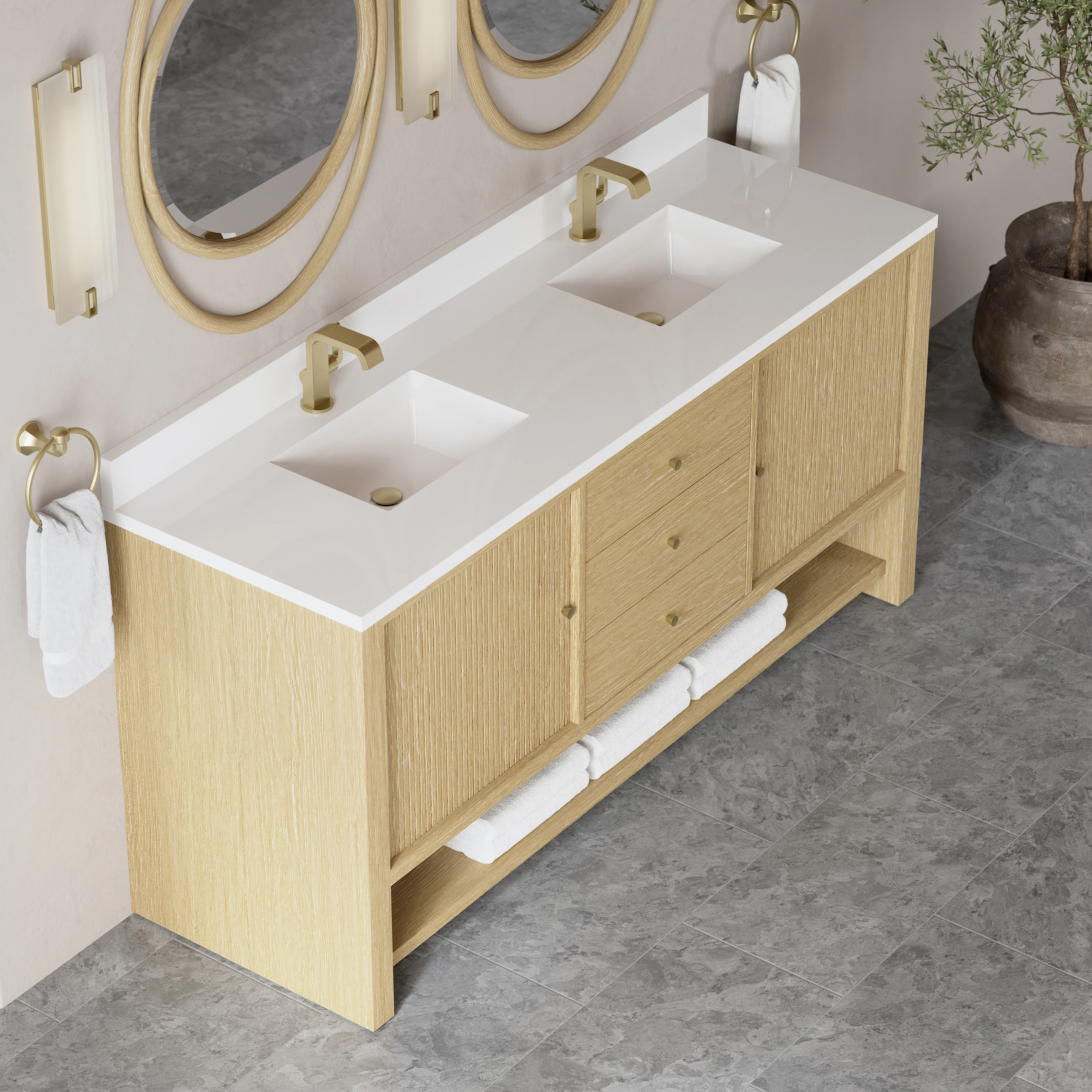 Marigot 72" Double Vanity, Sunwashed Oak w/ Hole 3 CM White Zeus Silestone Top & Backsplash