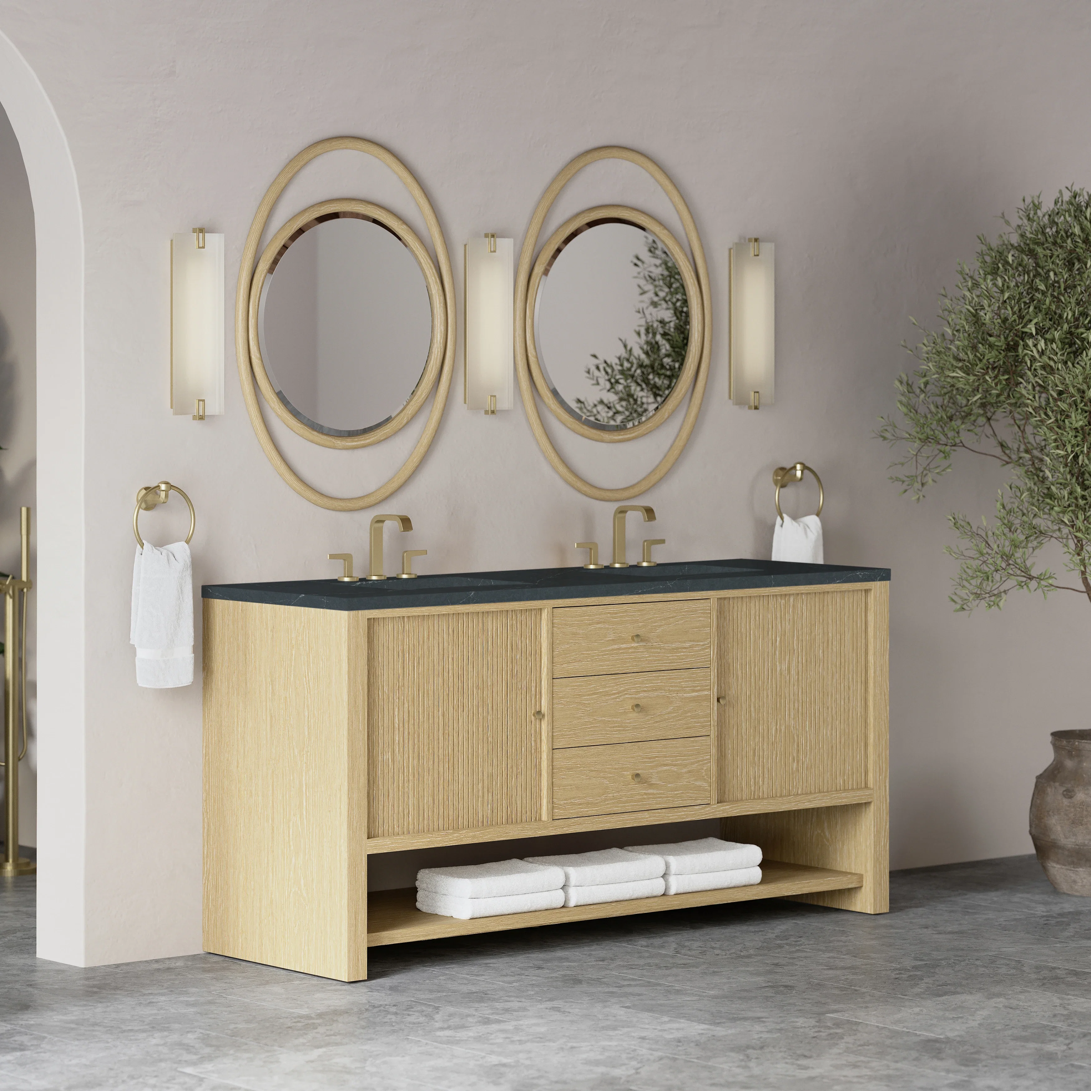 Marigot 72" Double Vanity, Sunwashed Oak w/ 3 CM Charcoal Soapstone Silestone Top