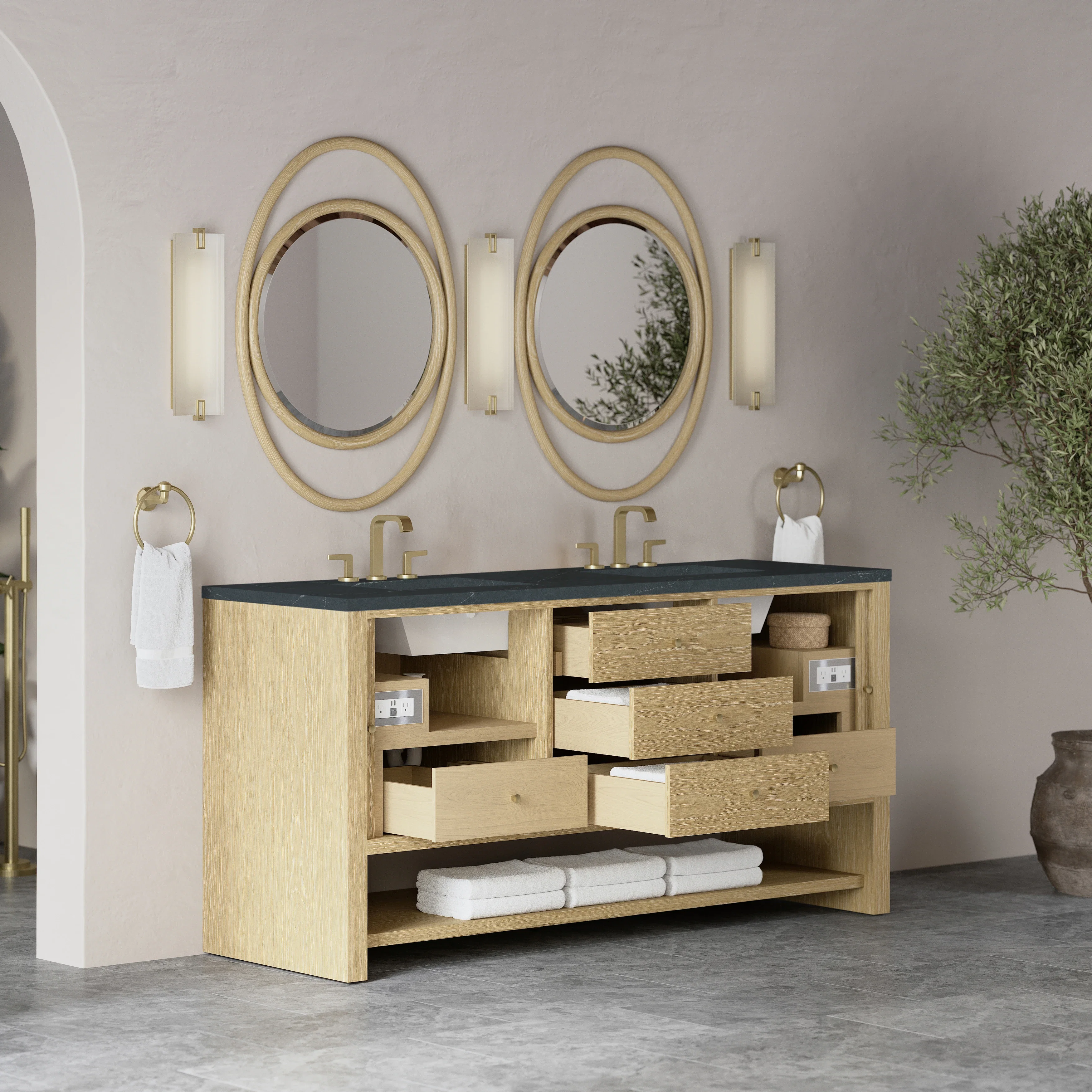 Marigot 72" Double Vanity, Sunwashed Oak w/ 3 CM Charcoal Soapstone Silestone Top