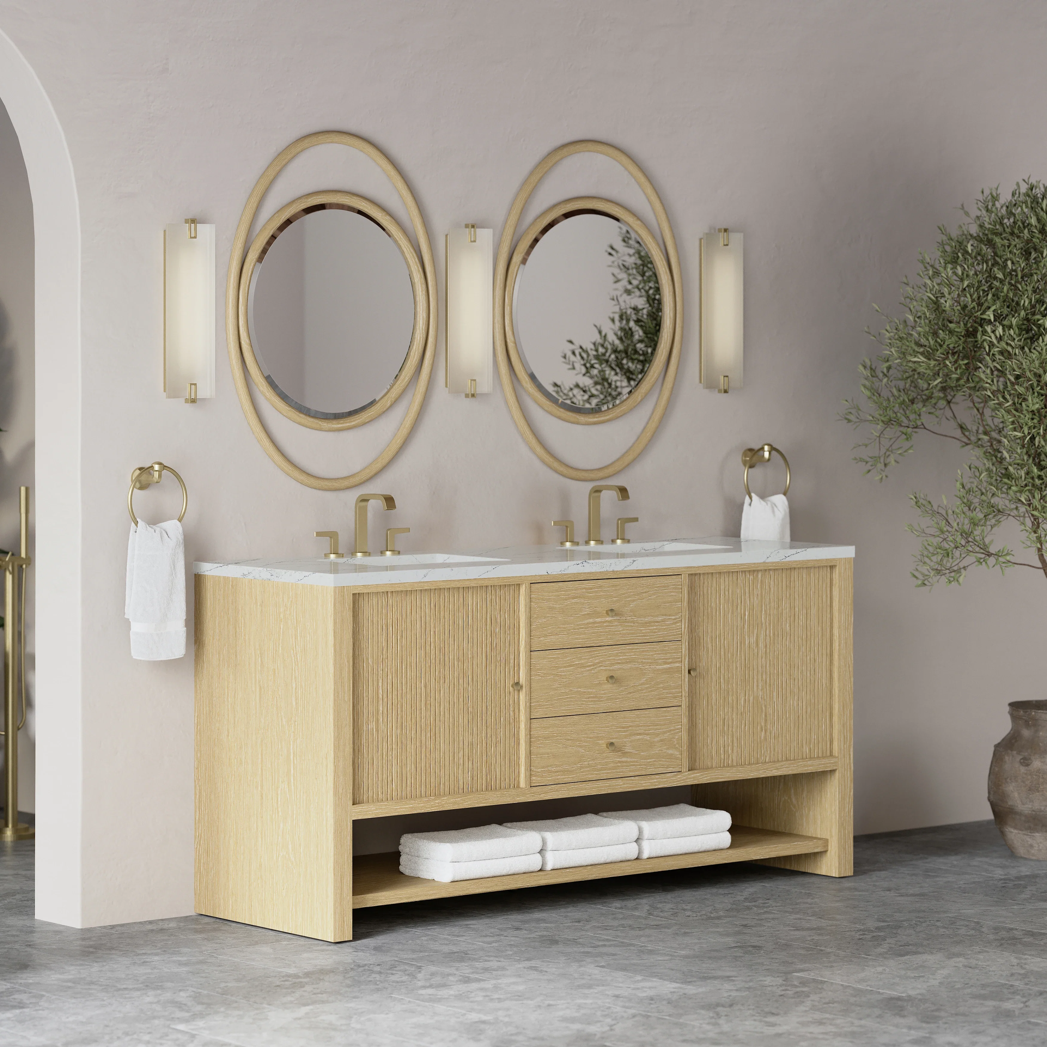 Marigot 72" Double Vanity, Sunwashed Oak w/ 3 CM Ethereal Noctis Silestone Top