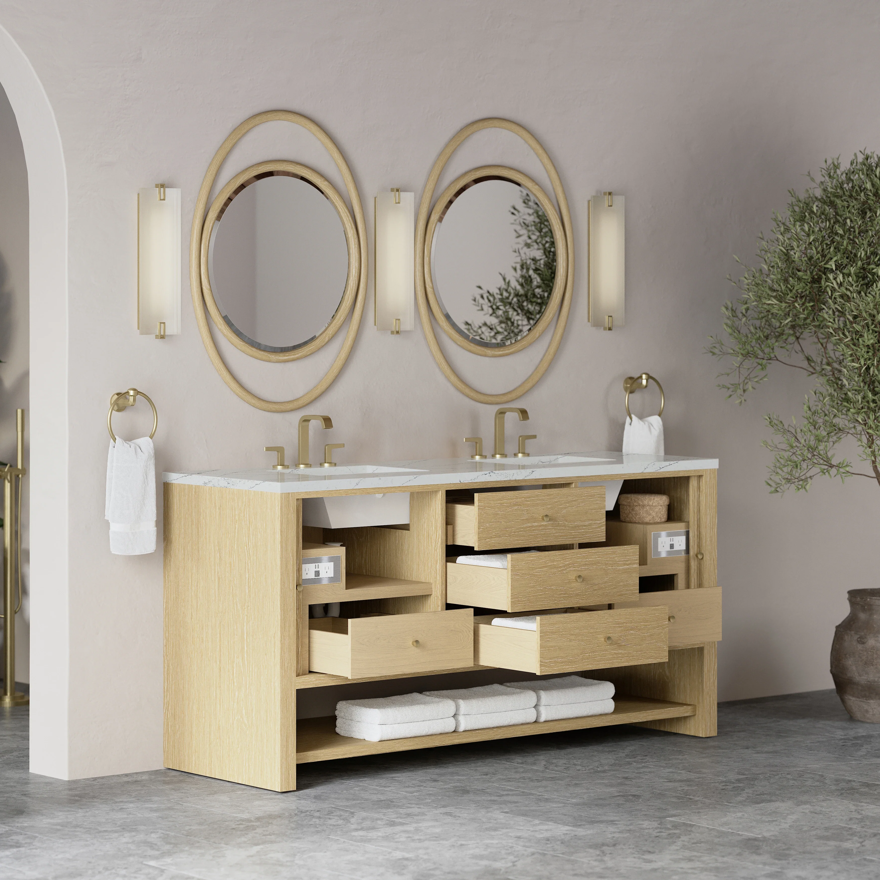 Marigot 72" Double Vanity, Sunwashed Oak w/ 3 CM Ethereal Noctis Silestone Top
