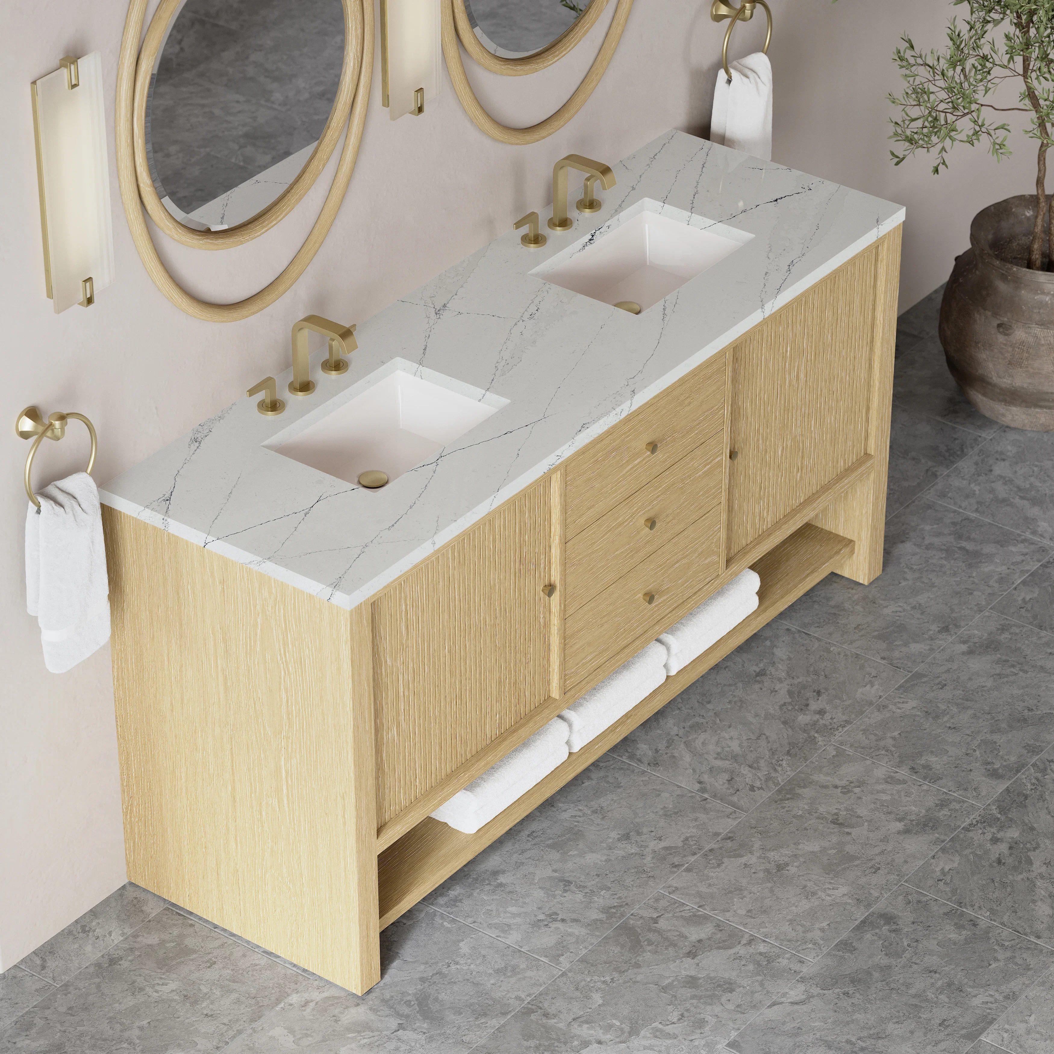 Marigot 72" Double Vanity, Sunwashed Oak w/ 3 CM Ethereal Noctis Silestone Top