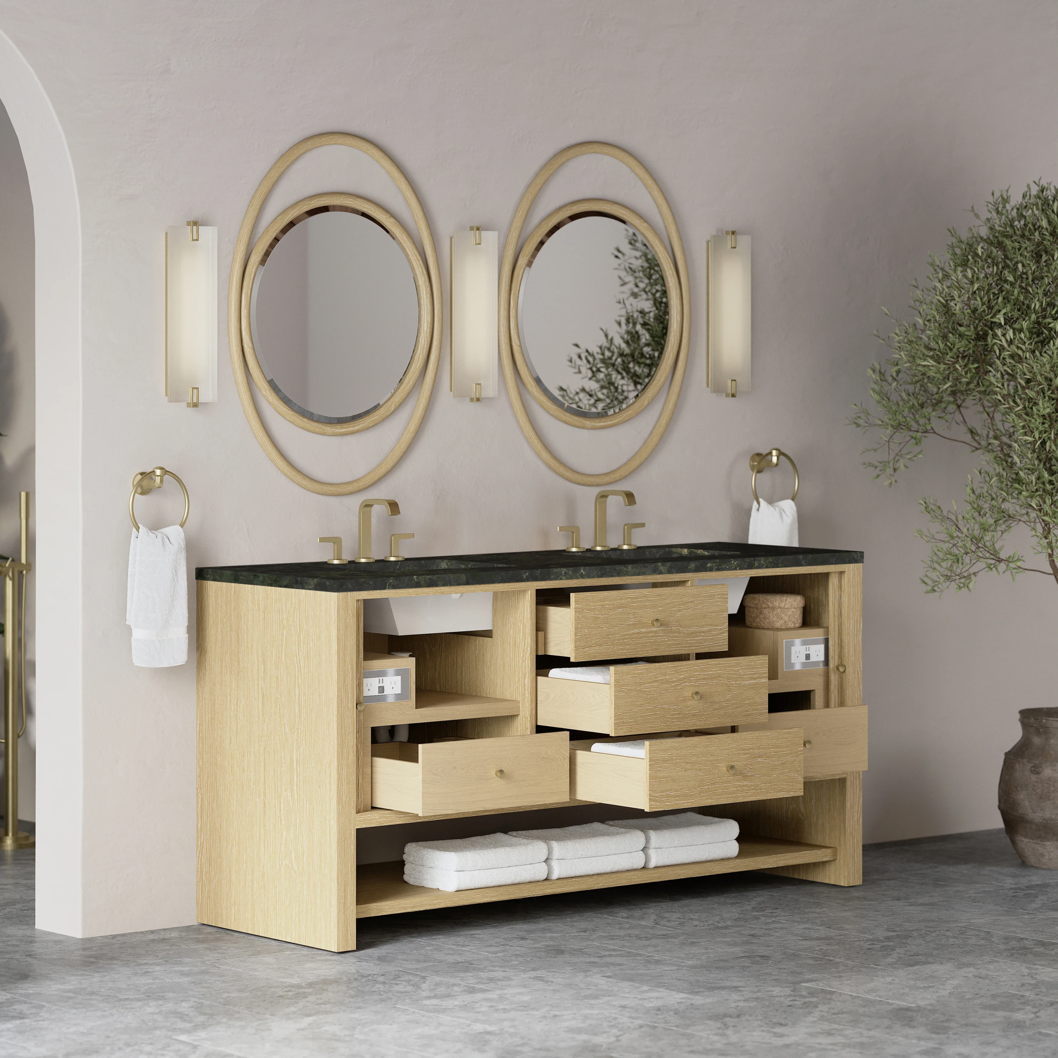 Marigot 72" Double Vanity, Sunwashed Oak, w/ 3 CM Phantome Eclos Top