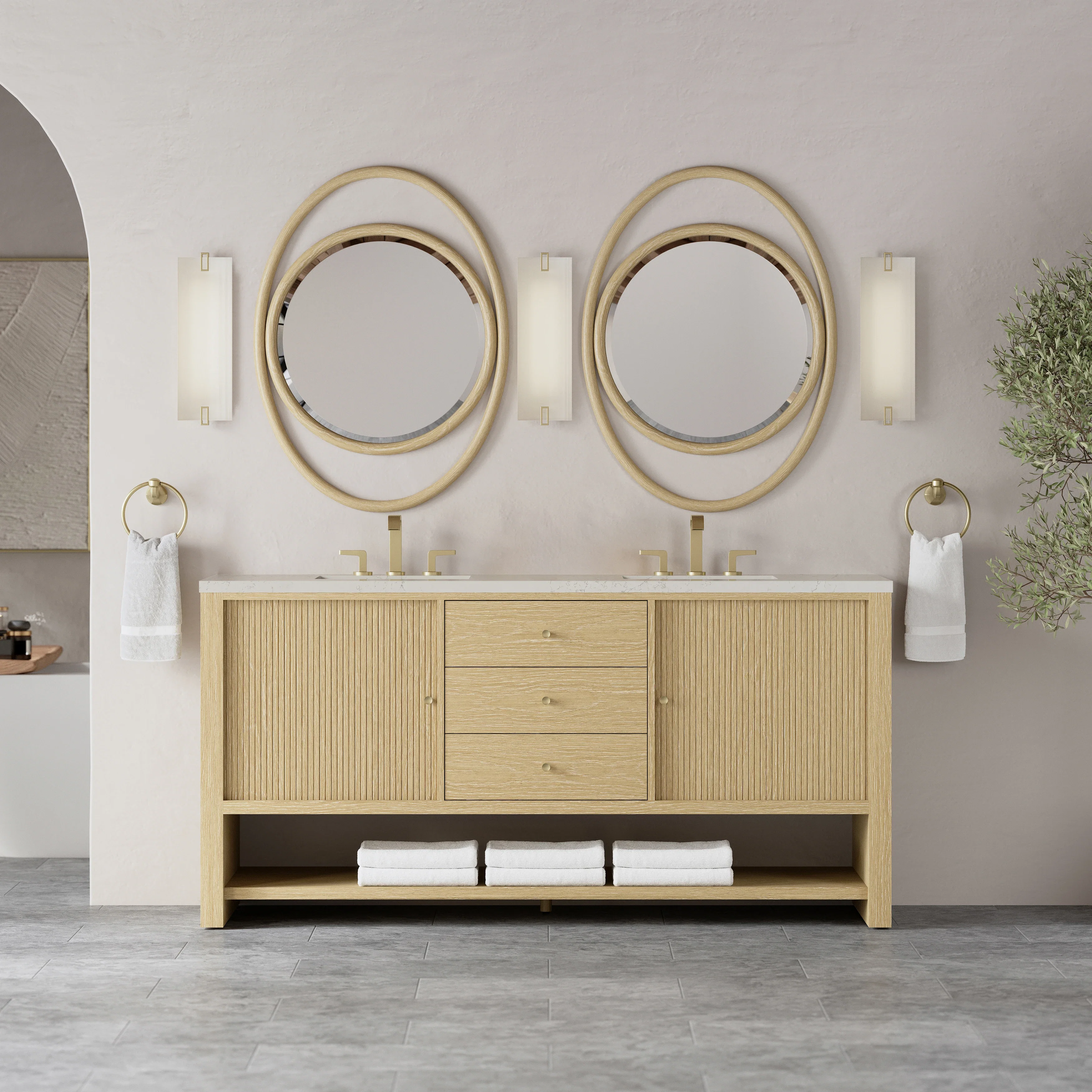 Marigot 72" Double Vanity, Sunwashed Oak, w/ 3 CM Siberian Silestone Top