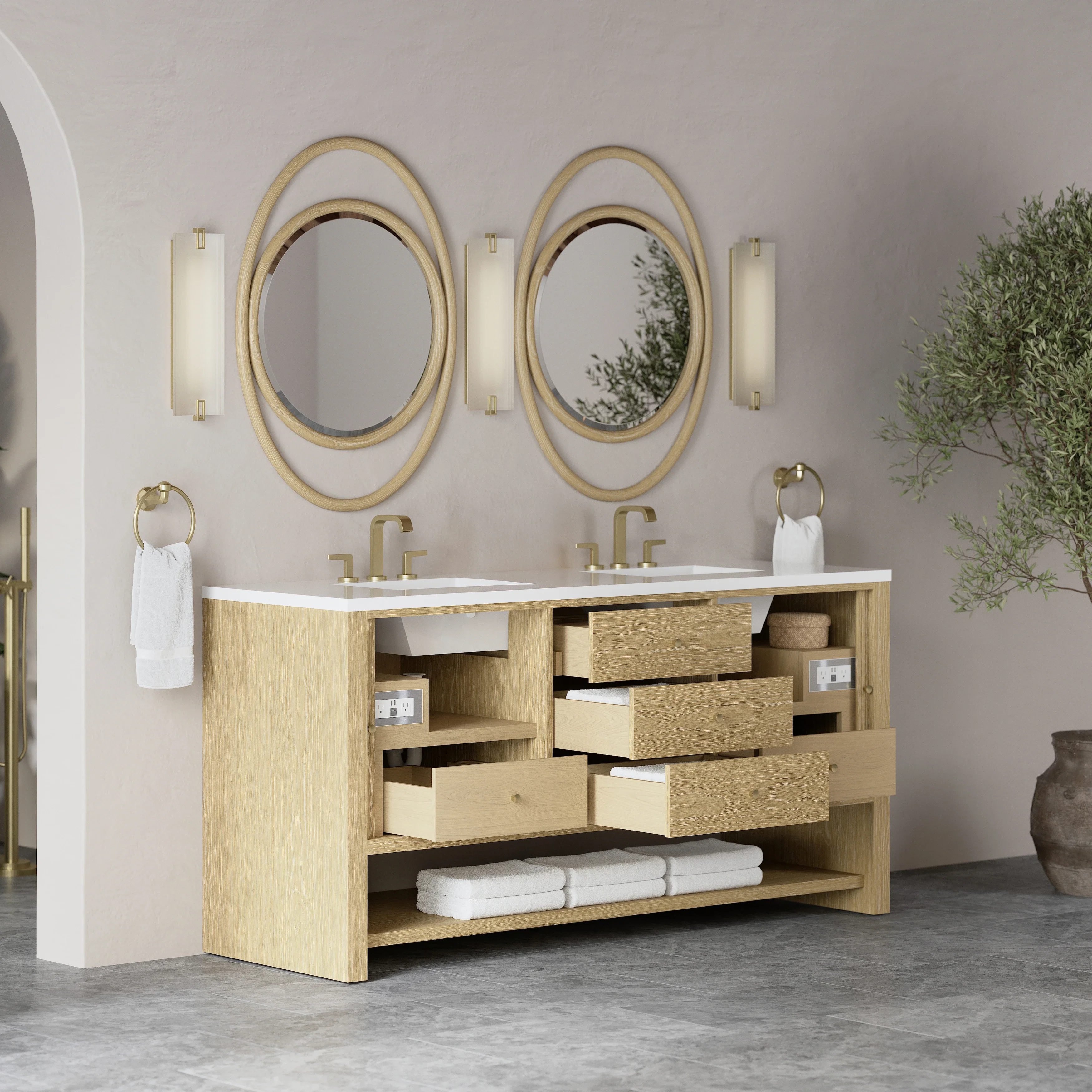 Marigot 72" Double Vanity, Sunwashed Oak w/ 3 CM White Zeus Silestone Top