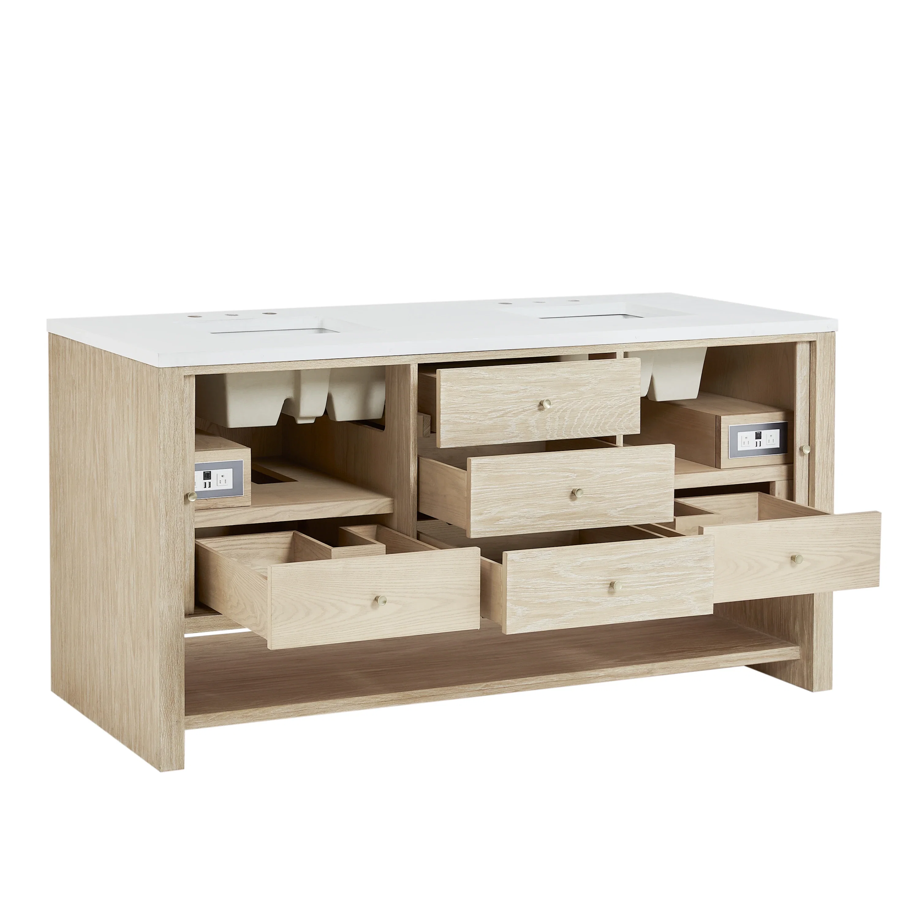 Marigot 72" Double Vanity, Sunwashed Oak w/ 3 CM Eternal Jasmine Pearl Silestone Top w/ FreePower Wireless Charger