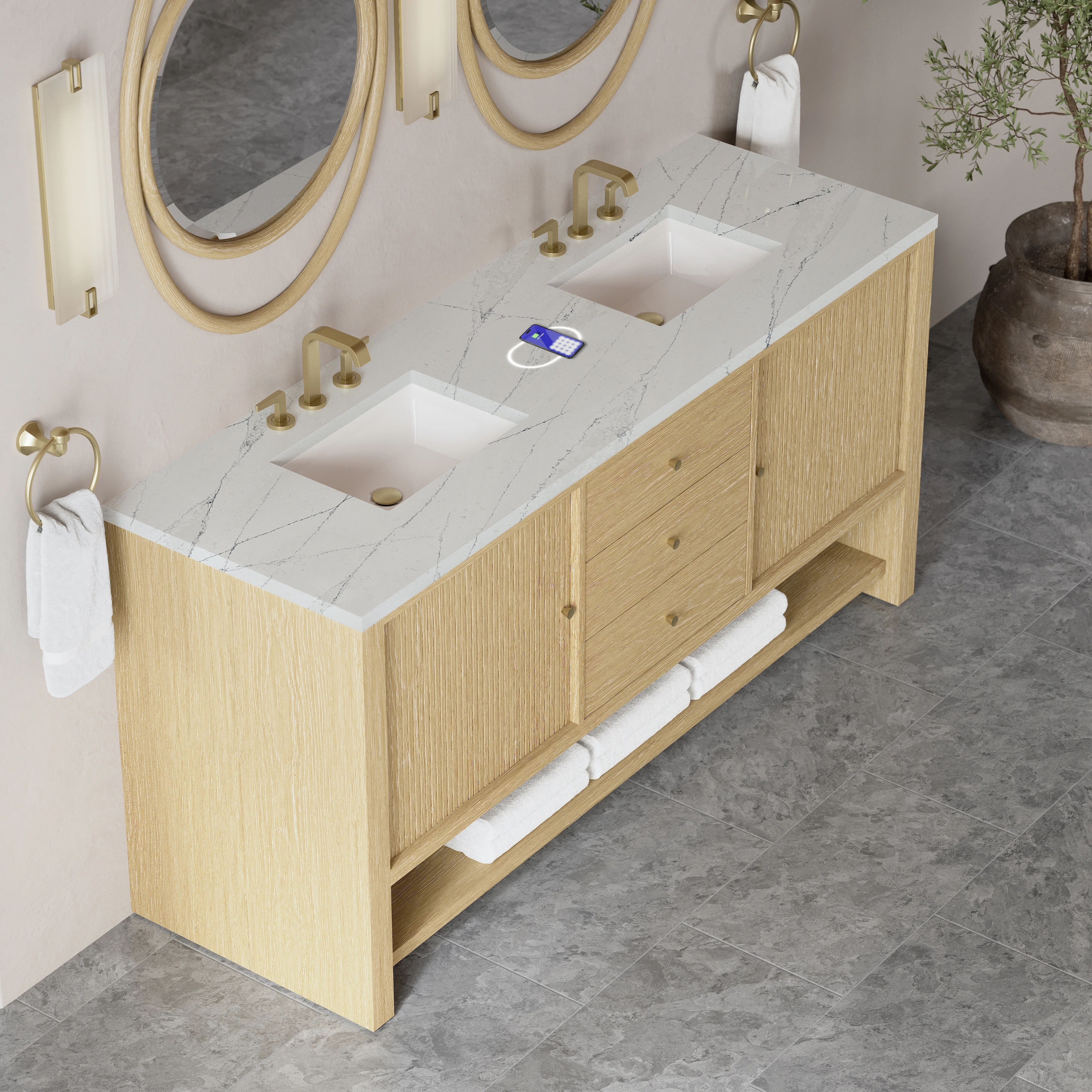 Marigot 72" Double Vanity, Sunwashed Oak w/ 3 CM Ethereal Noctis Silestone Top w/ FreePower Wireless Charger