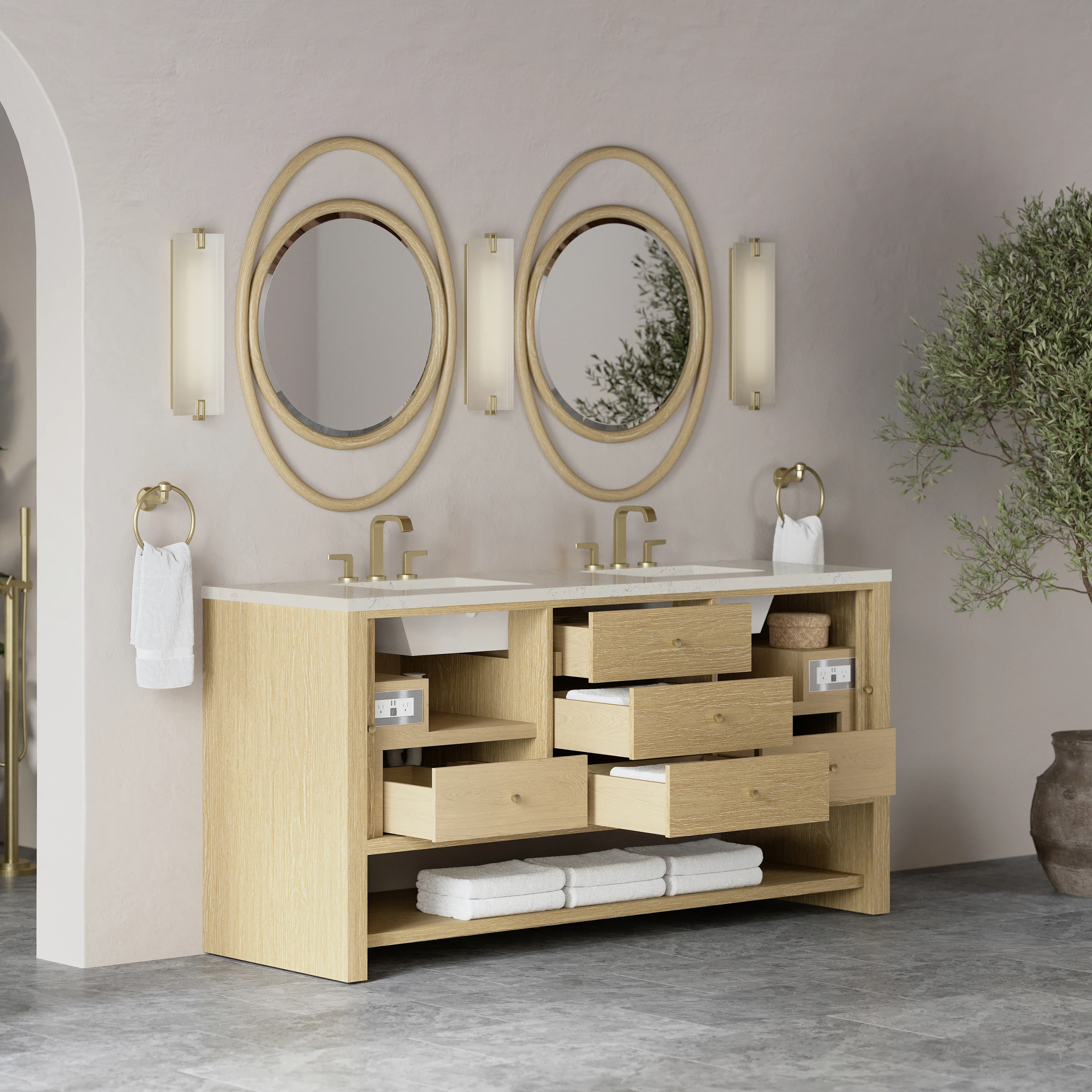 Marigot 72" Double Vanity, Sunwashed Oak, w/ 3 CM Siberian Silestone Top w/FreePower Wireless Charger