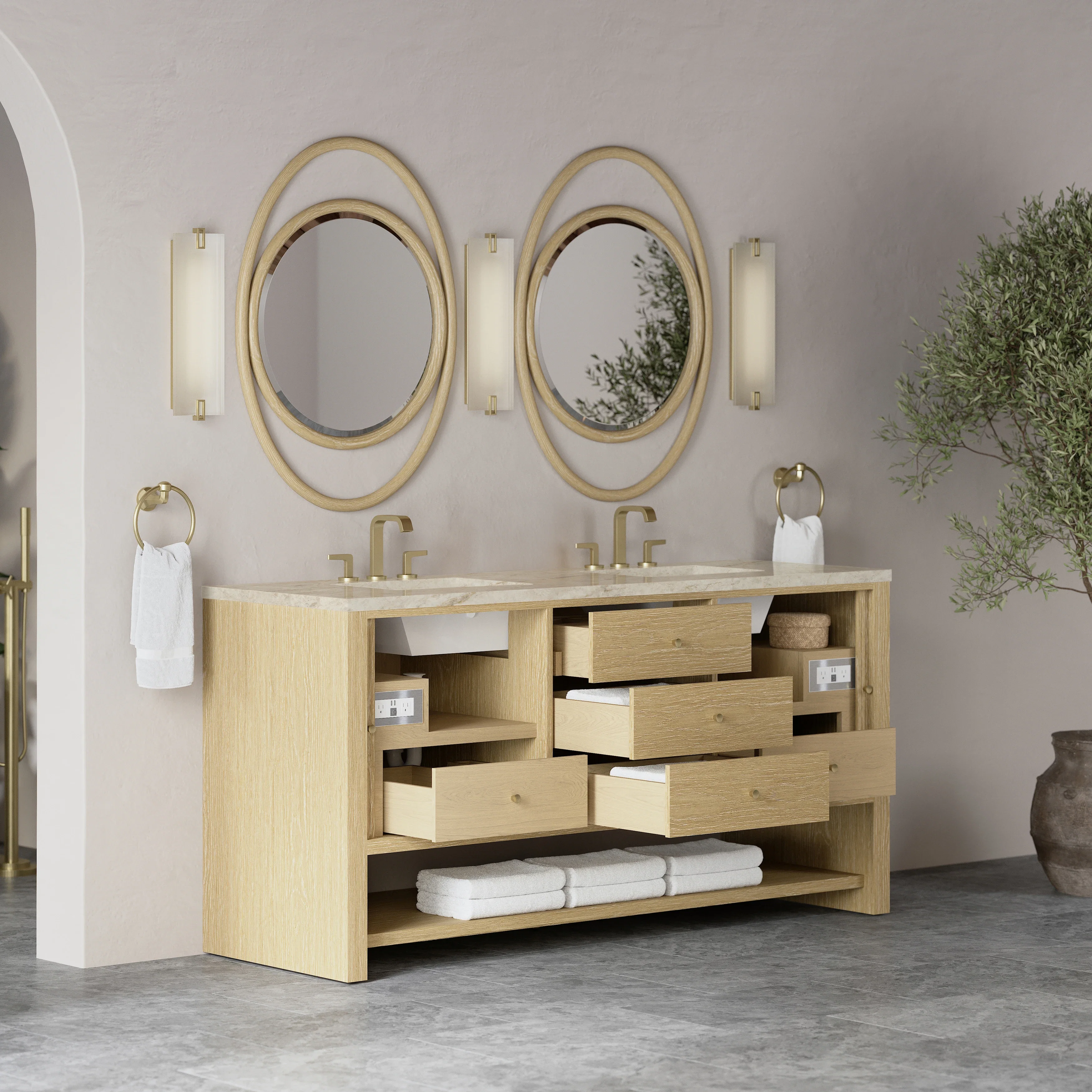 Marigot 72" Double Vanity, Sunwashed Oak, w/ 3 CM Tajnar Eclos Top w/FreePower Wireless Charger