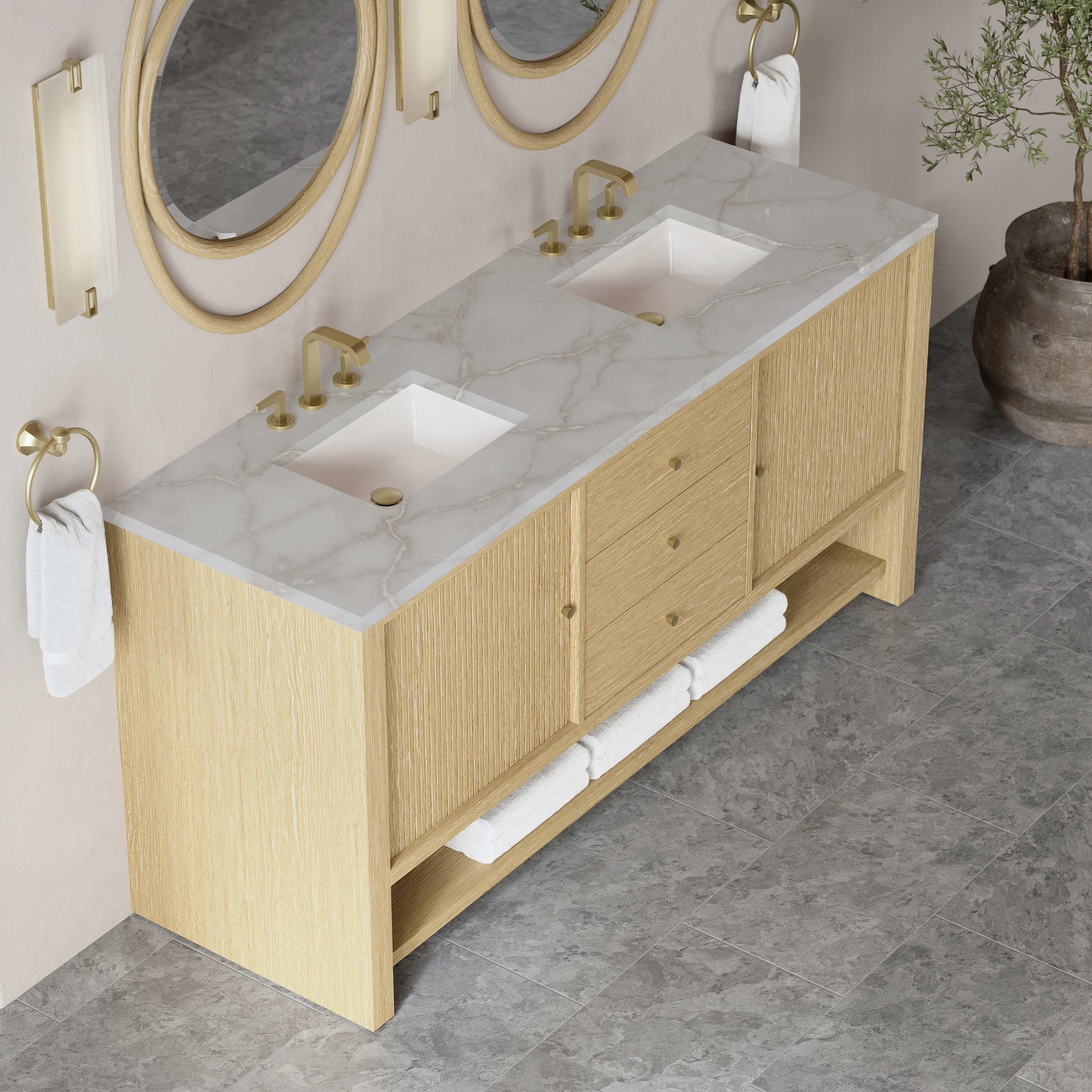 Marigot 72" Double Vanity, Sunwashed Oak w/ 3 CM Victorian Silver Silestone Top w/ FreePower Wireless Charger