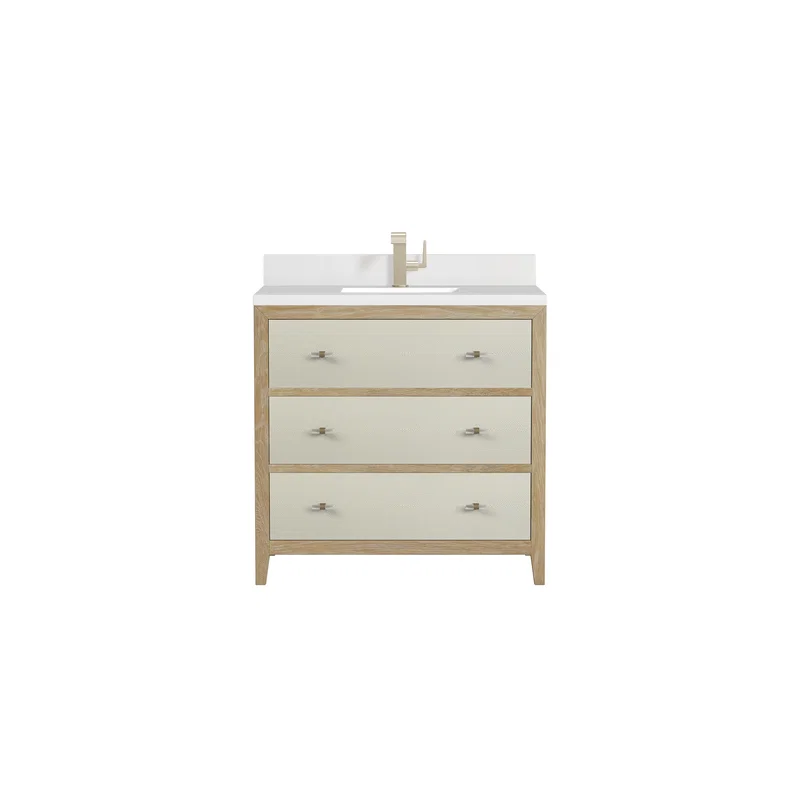 Celeste 36" Single Vanity, Sunwashed Oak with Embossed Shagreen w/ Single Hole 3 CM White Zeus Silestone Top & Backsplash