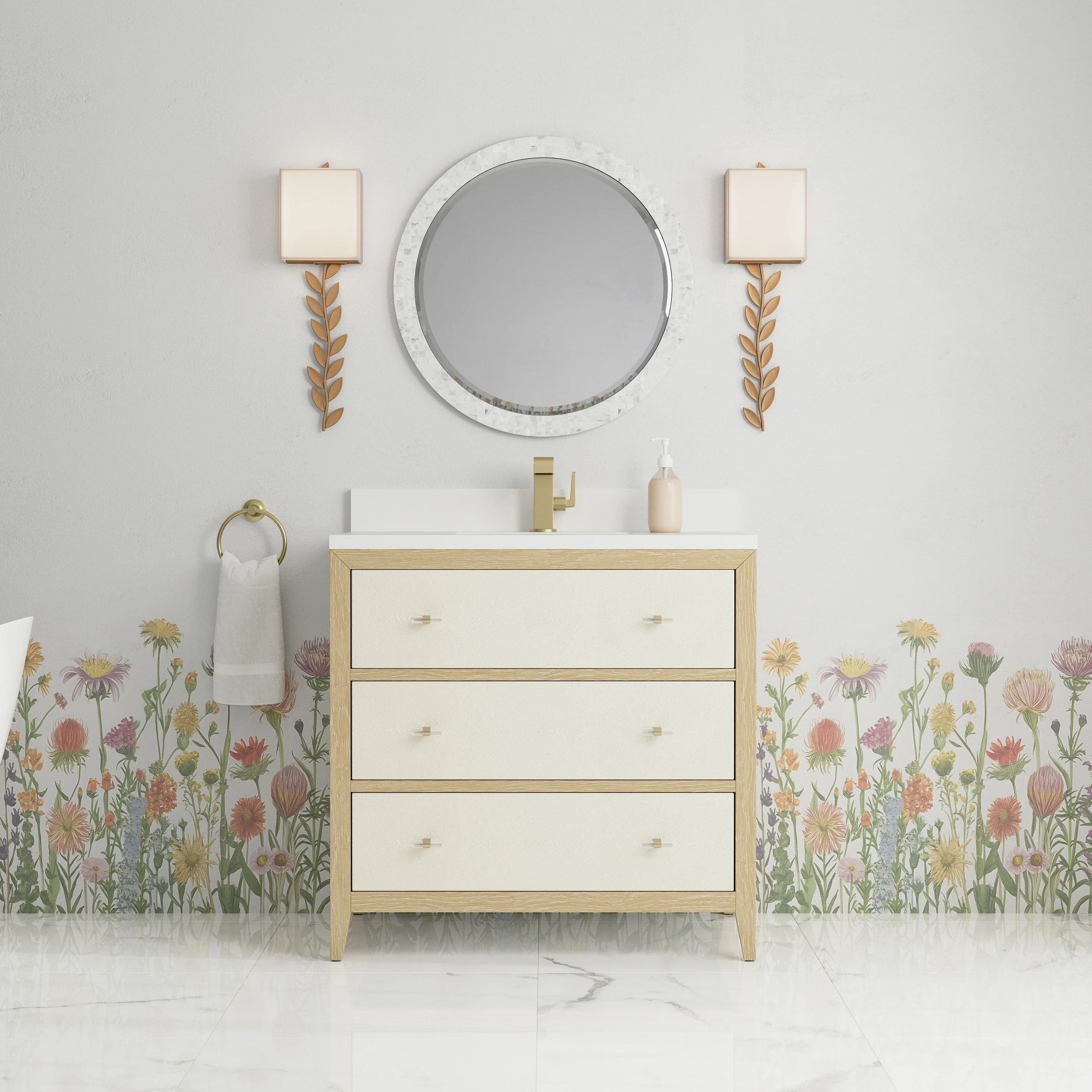 Celeste 36" Single Vanity, Sunwashed Oak with Embossed Shagreen w/ Single Hole 3 CM White Zeus Silestone Top & Backsplash