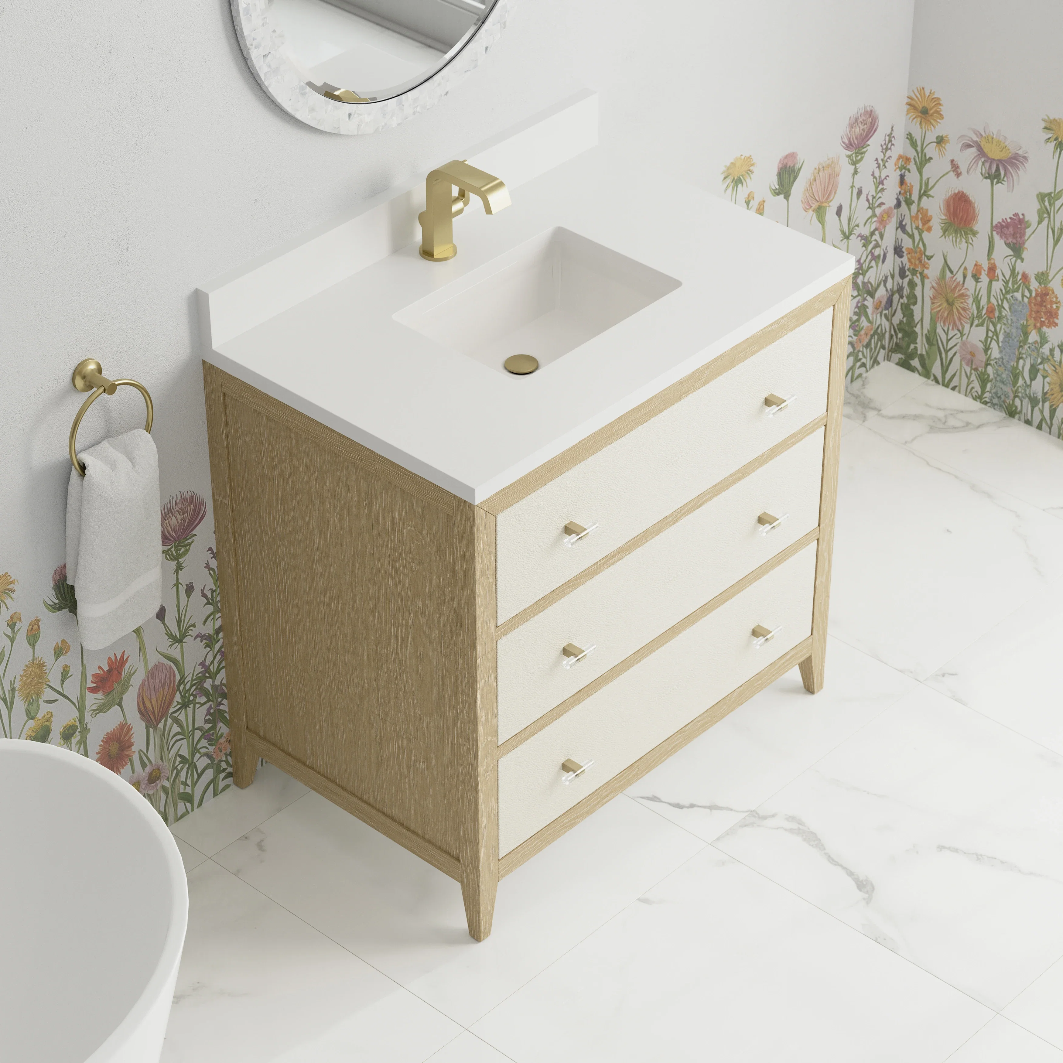 Celeste 36" Single Vanity, Sunwashed Oak with Embossed Shagreen w/ Single Hole 3 CM White Zeus Silestone Top & Backsplash