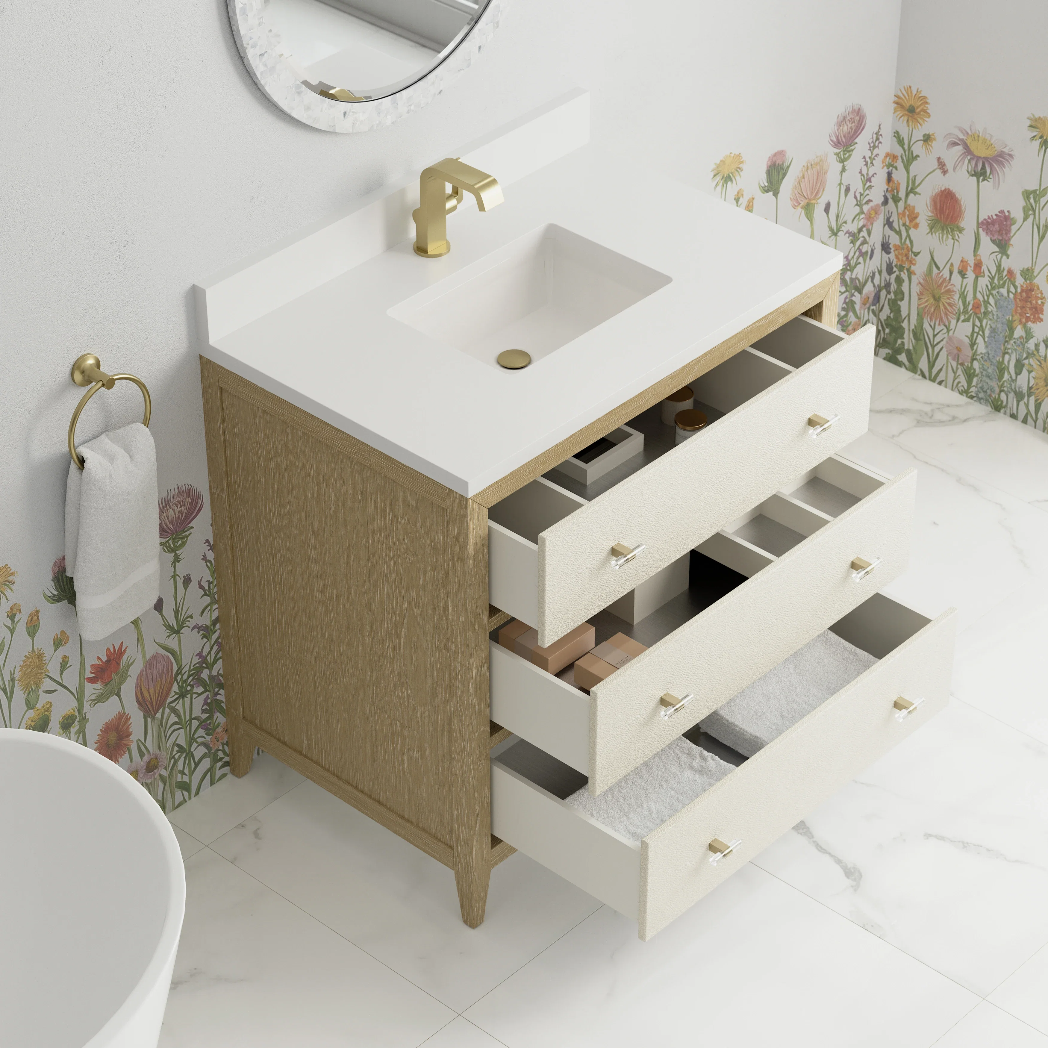 Celeste 36" Single Vanity, Sunwashed Oak with Embossed Shagreen w/ Single Hole 3 CM White Zeus Silestone Top & Backsplash