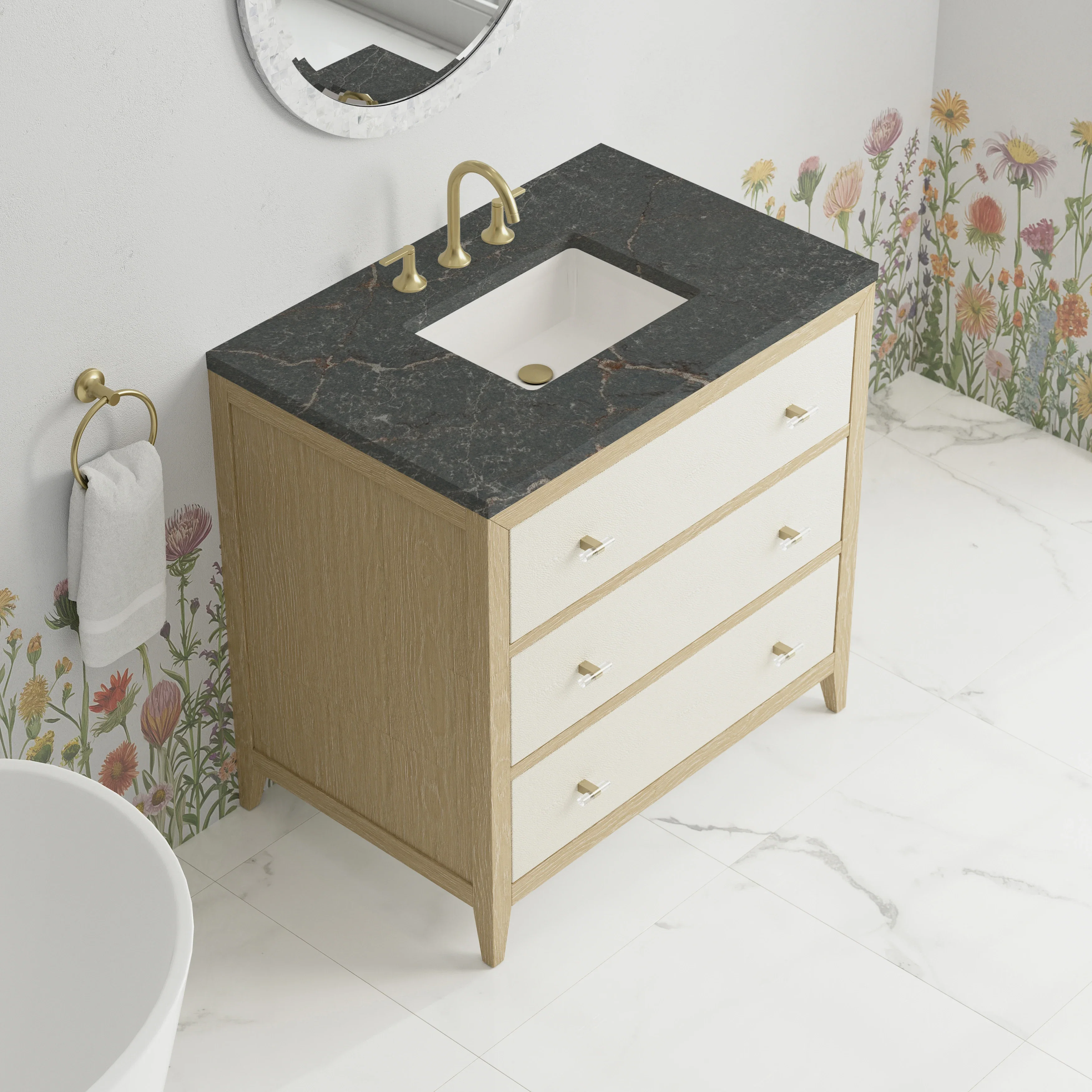 Celeste 36" Single Vanity, Sunwashed Oak with Embossed Shagreen w/ 3 CM Parisien Bleu Silestone Top