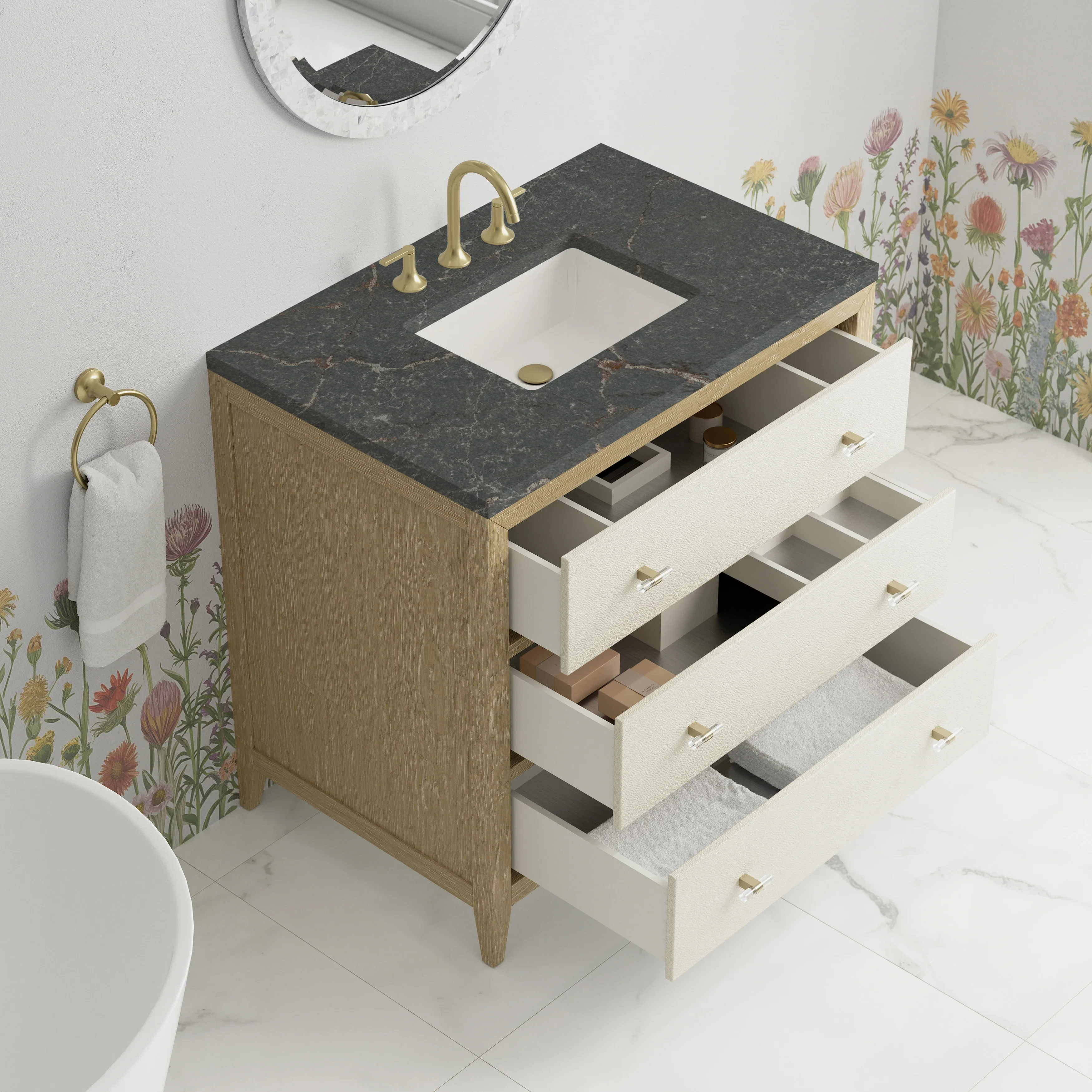 Celeste 36" Single Vanity, Sunwashed Oak with Embossed Shagreen w/ 3 CM Parisien Bleu Silestone Top