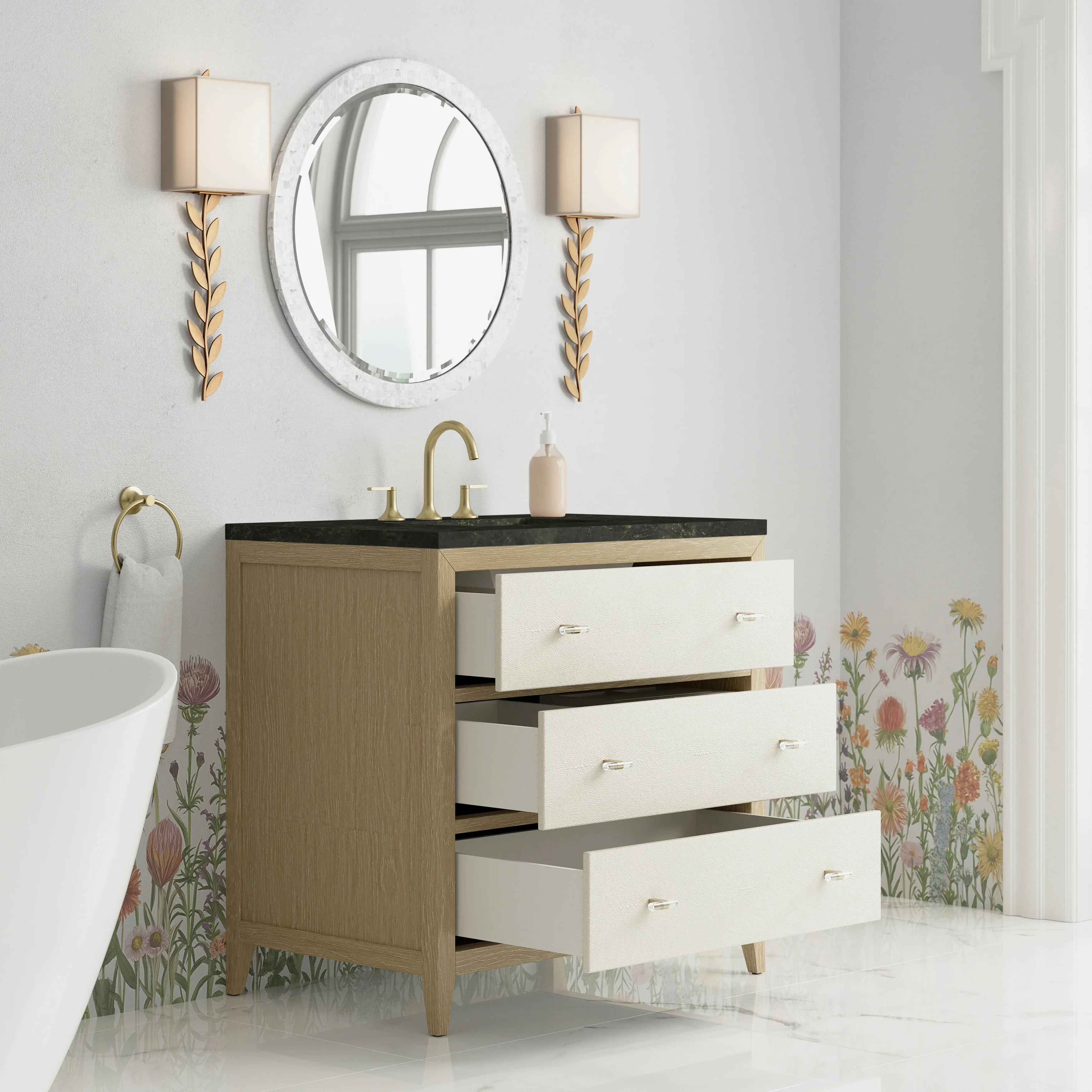Celeste 36" Single Vanity, Sunwashed Oak with Embossed Shagreen, w/ 3 CM Phantome Eclos Top