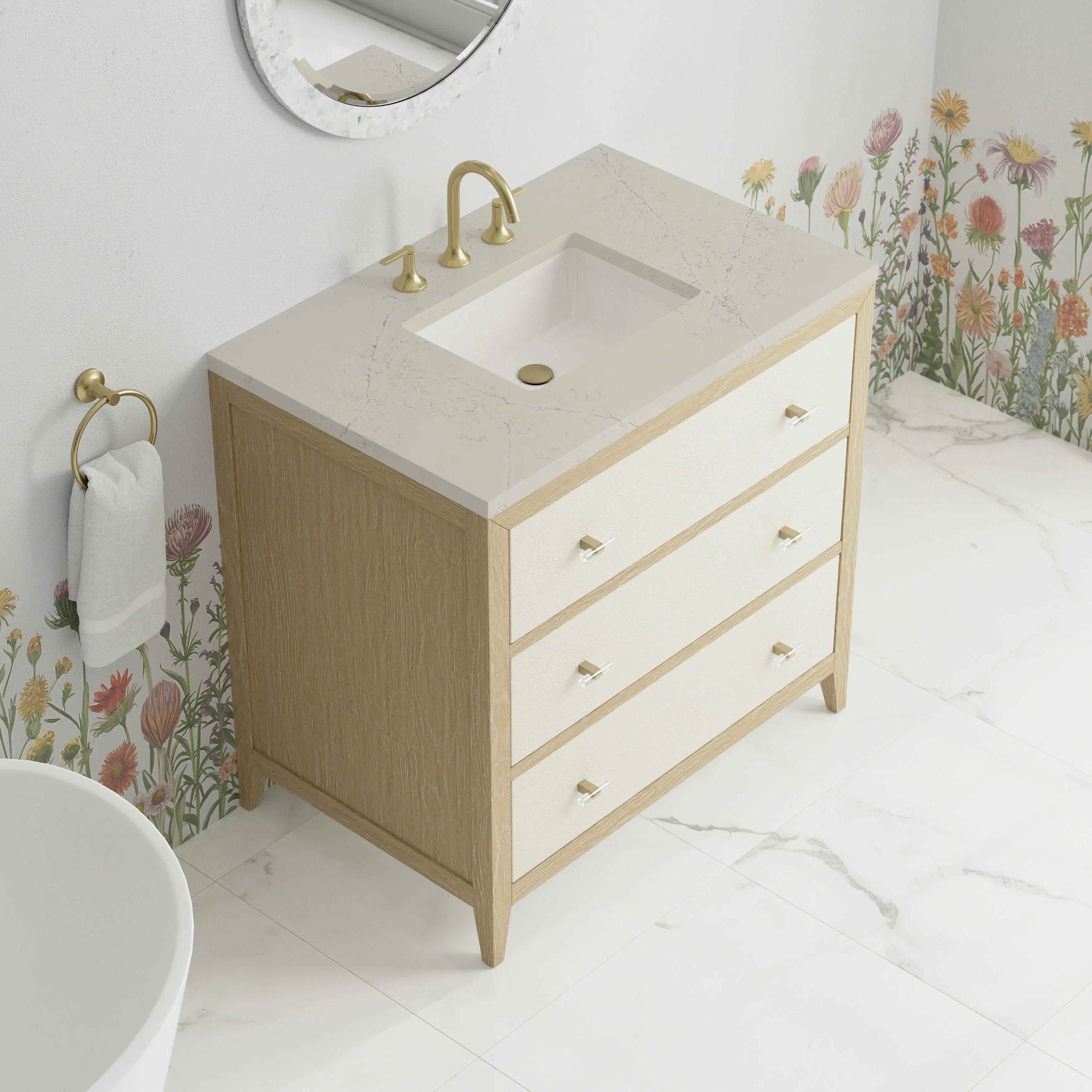 Celeste 36" Single Vanity, Sunwashed Oak with Embossed Shagreen, w/ 3 CM Siberian Silestone Top