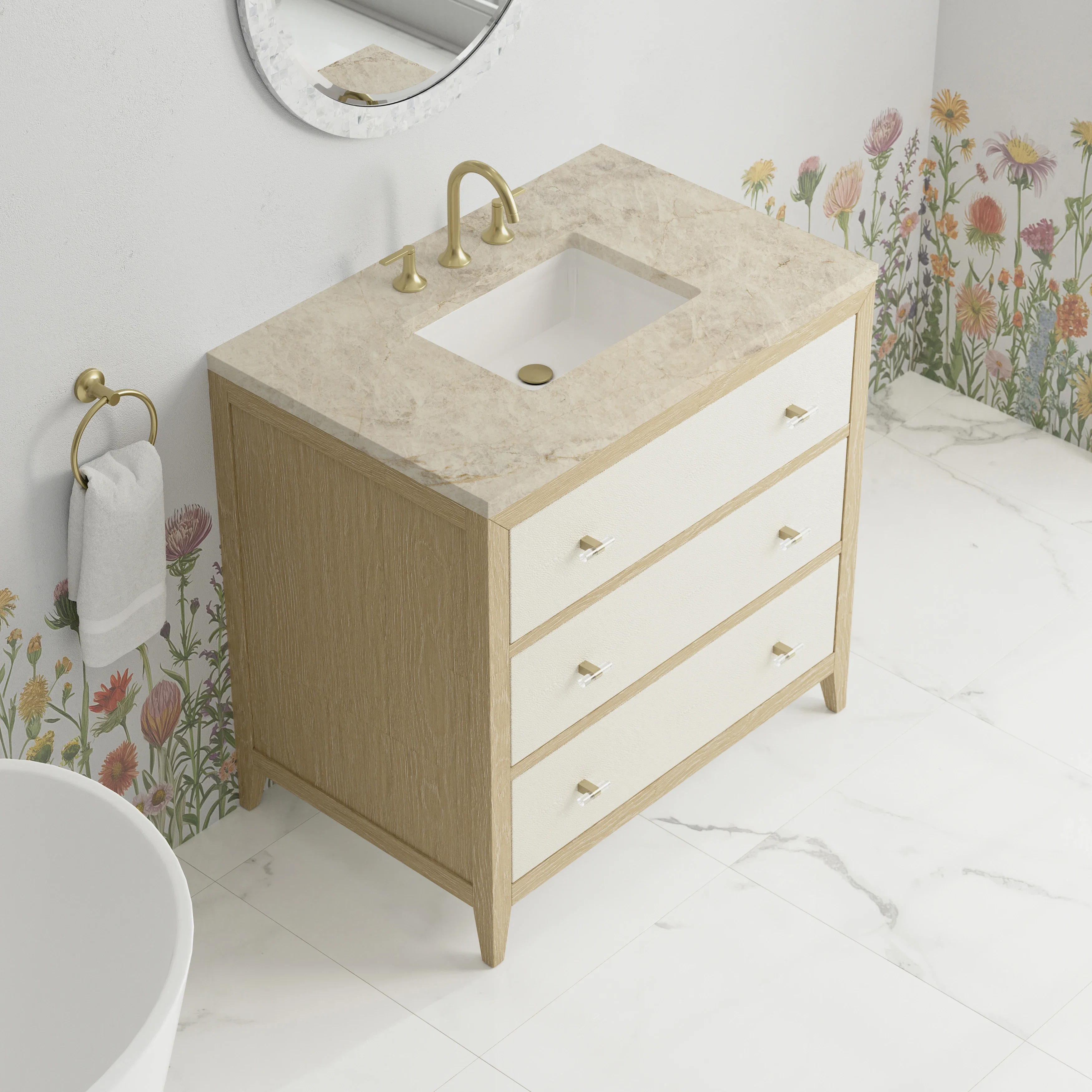 Celeste 36" Single Vanity, Sunwashed Oak with Embossed Shagreen, w/ 3 CM Tajnar Eclos Top