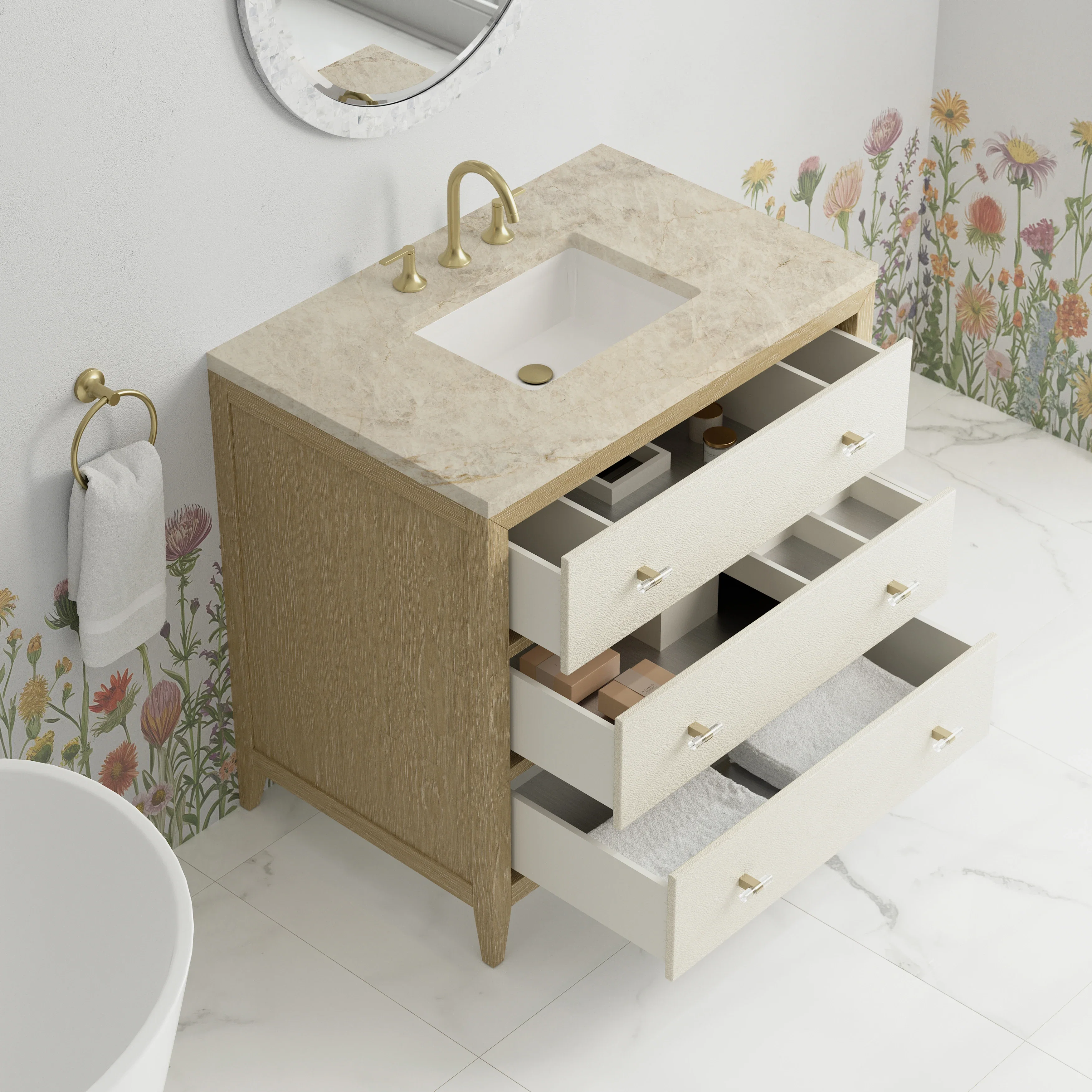 Celeste 36" Single Vanity, Sunwashed Oak with Embossed Shagreen, w/ 3 CM Tajnar Eclos Top