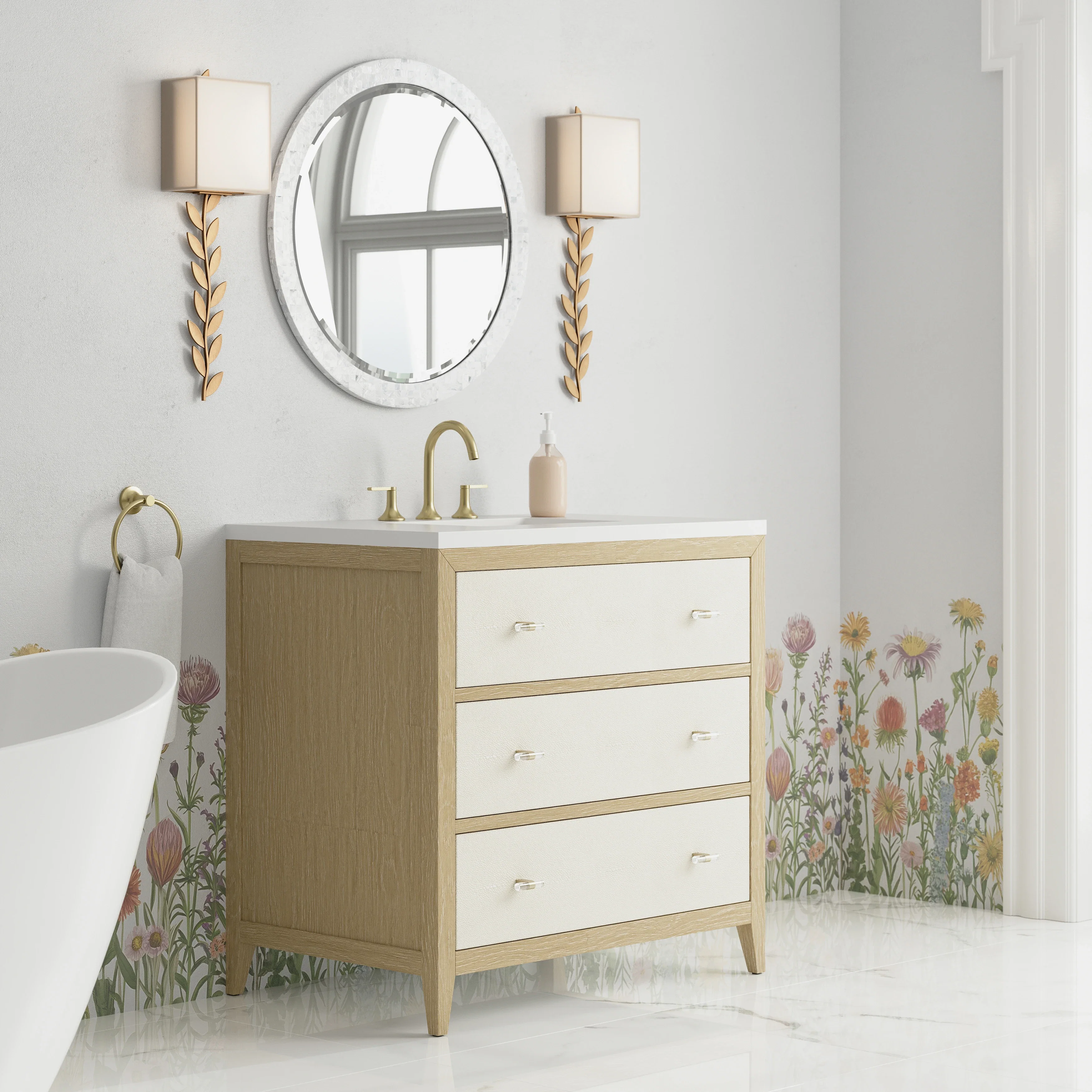 Celeste 36" Single Vanity, Sunwashed Oak with Embossed Shagreen w/ 3 CM White Zeus Silestone Top