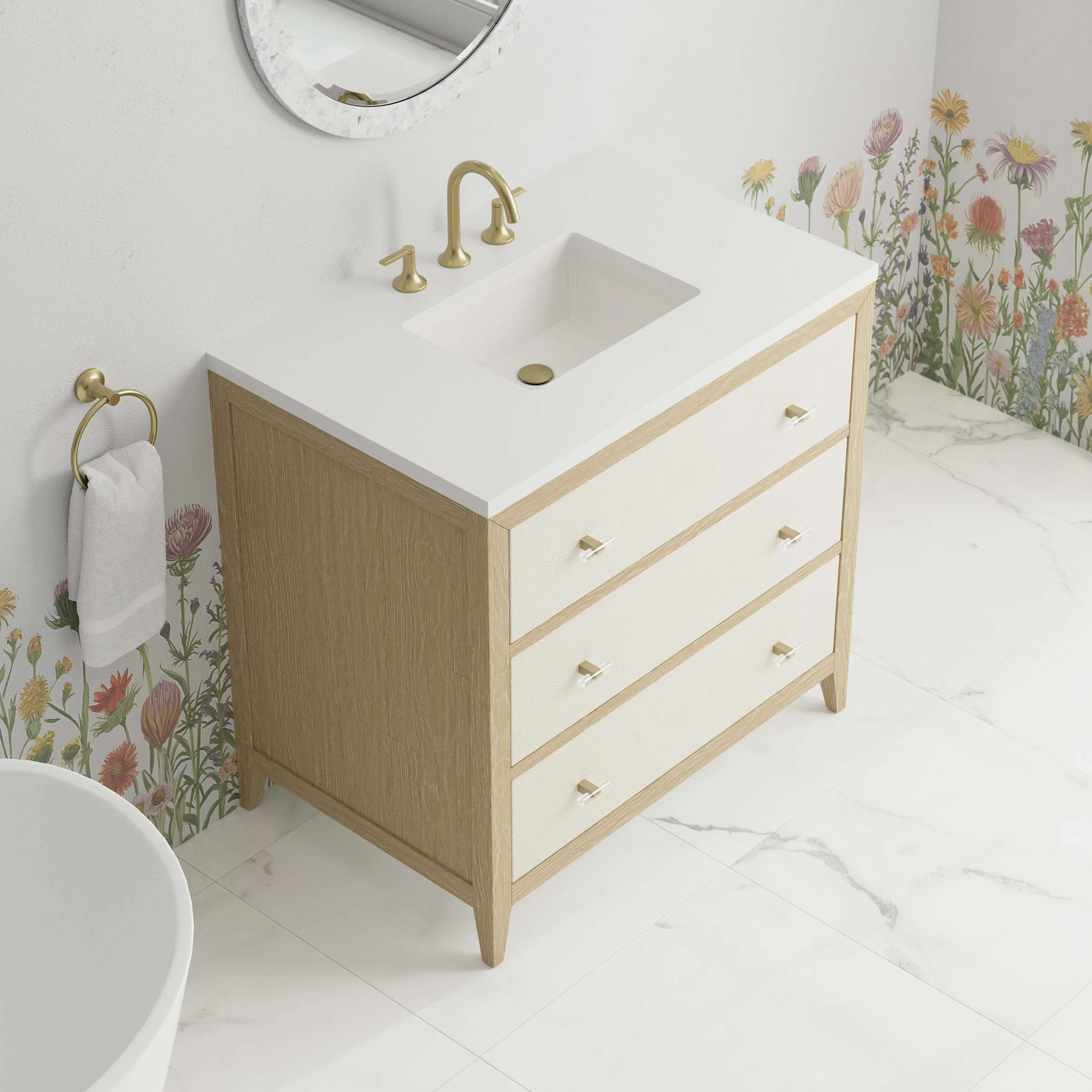 Celeste 36" Single Vanity, Sunwashed Oak with Embossed Shagreen w/ 3 CM White Zeus Silestone Top