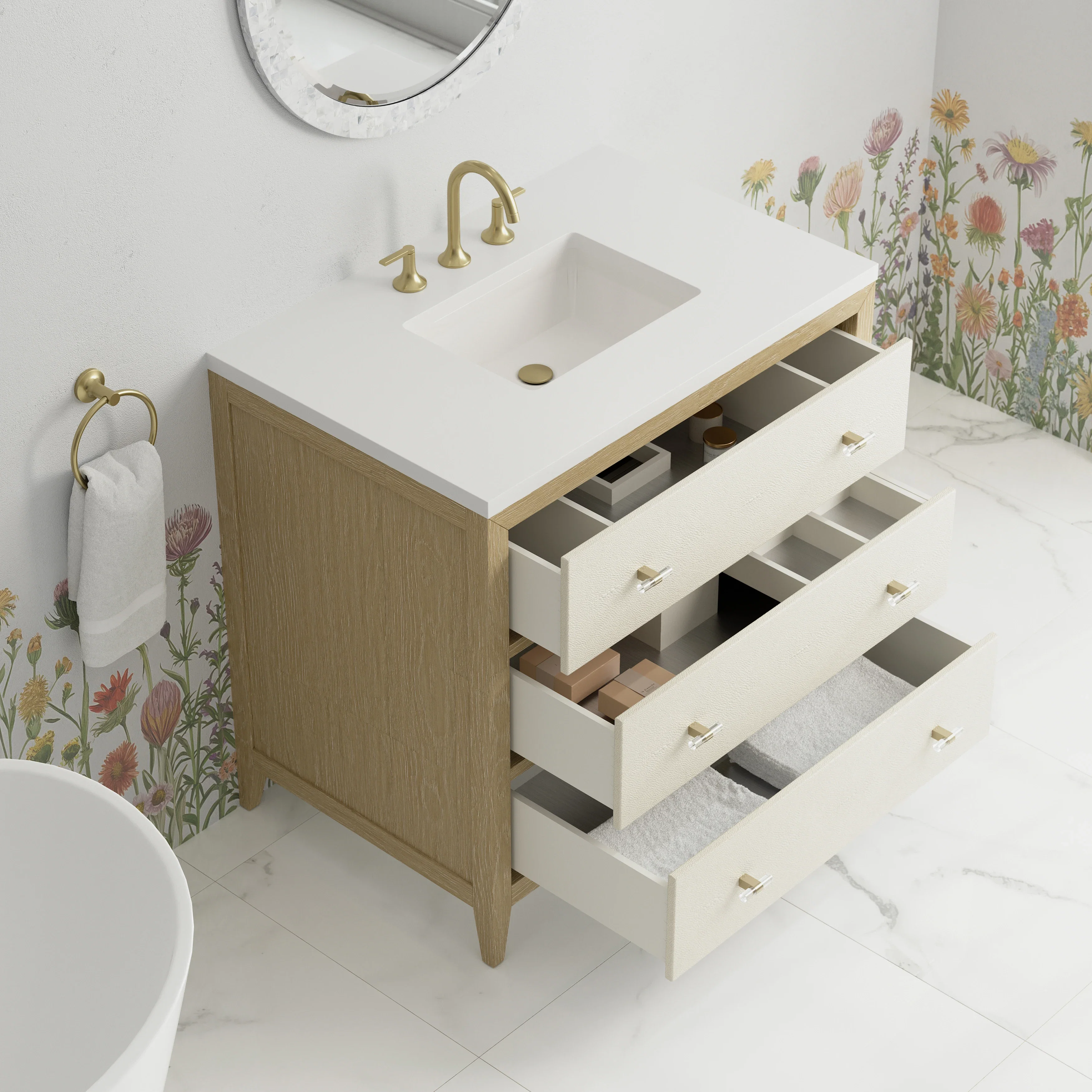 Celeste 36" Single Vanity, Sunwashed Oak with Embossed Shagreen w/ 3 CM White Zeus Silestone Top