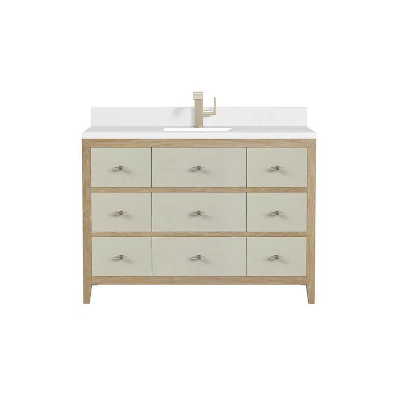 Celeste 48" Single Vanity, Sunwashed Oak with Embossed Shagreen w/ Single Hole 3 CM White Zeus Silestone Top & Backsplash
