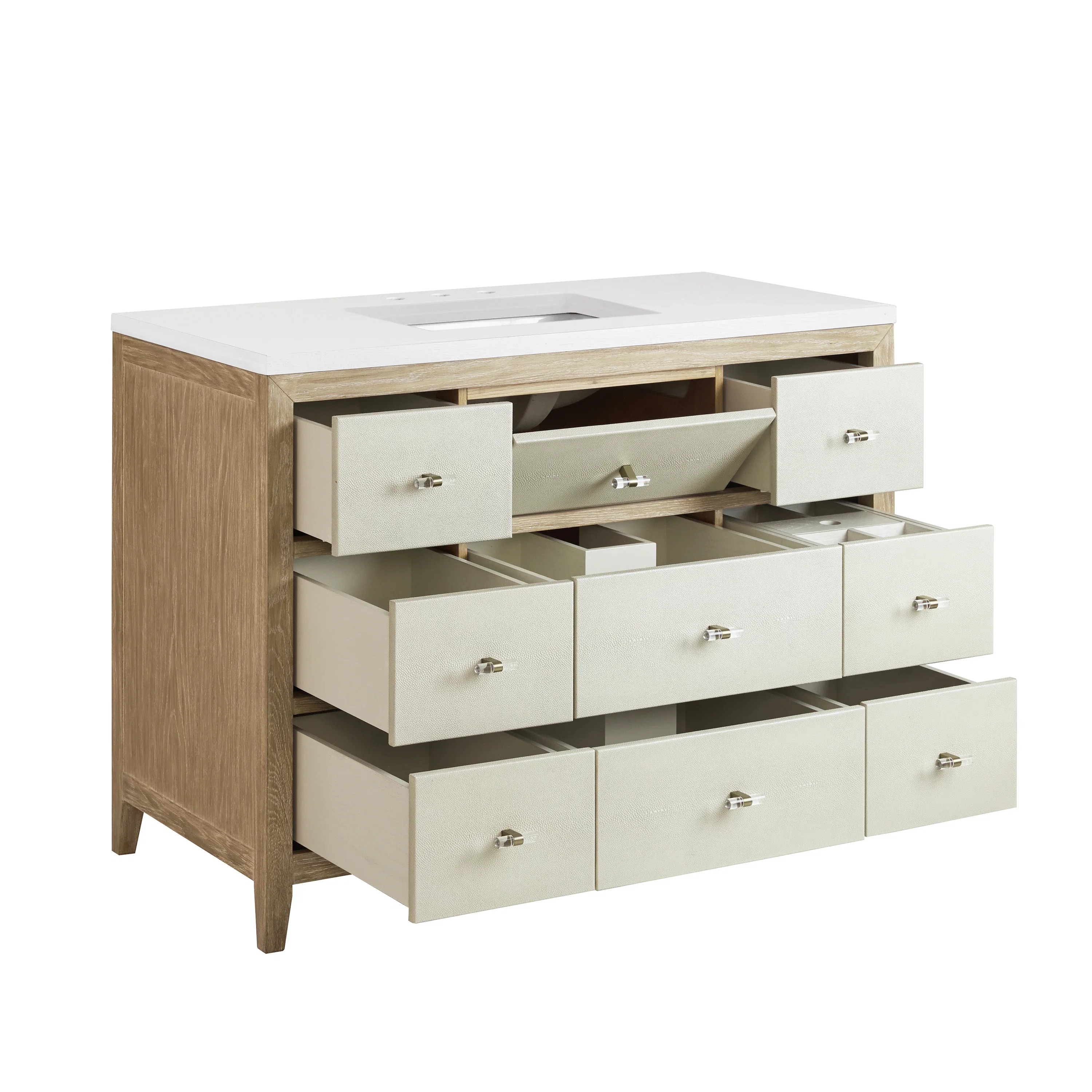 Celeste 48" Single Vanity, Sunwashed Oak with Embossed Shagreen w/ Single Hole 3 CM White Zeus Silestone Top & Backsplash