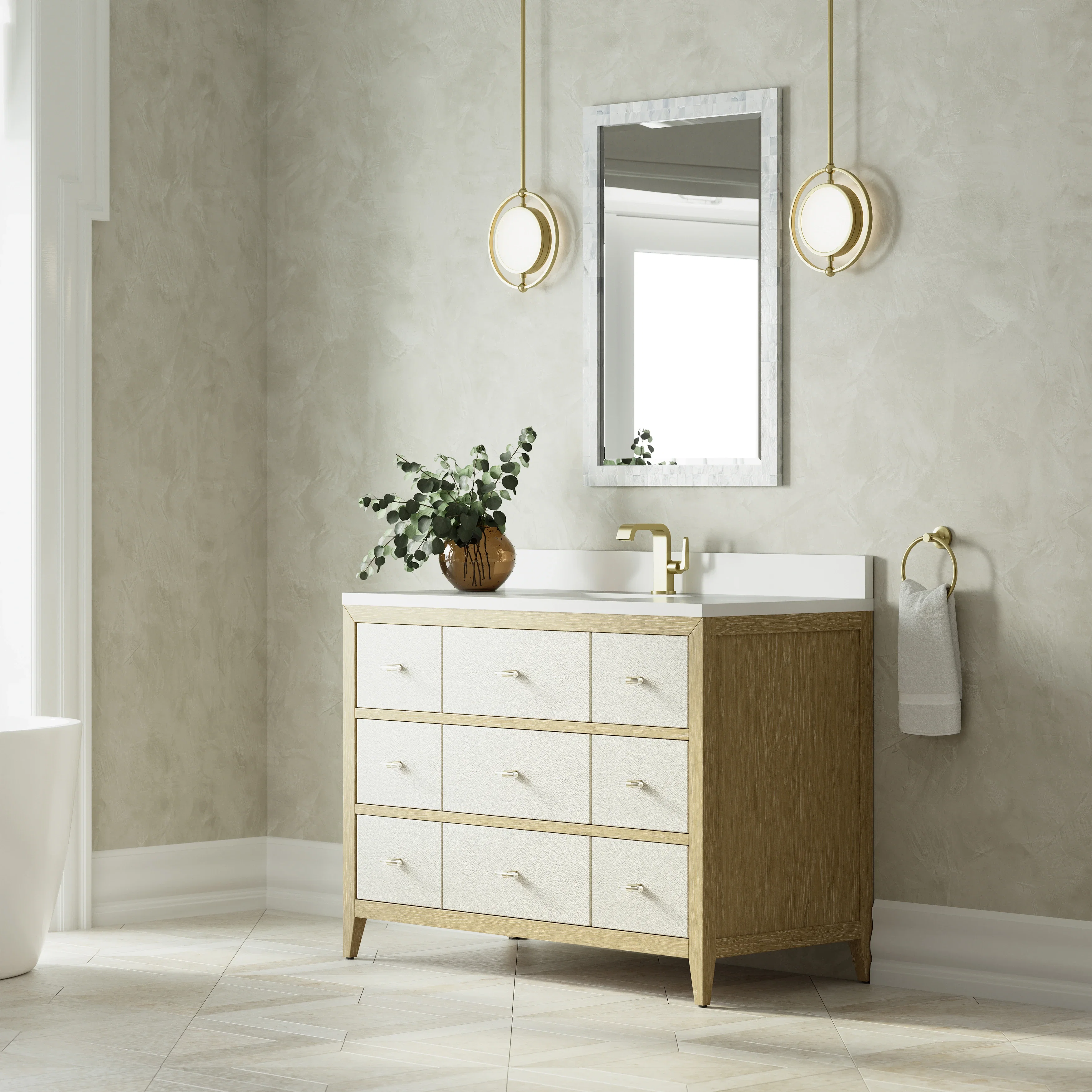 Celeste 48" Single Vanity, Sunwashed Oak with Embossed Shagreen w/ Single Hole 3 CM White Zeus Silestone Top & Backsplash
