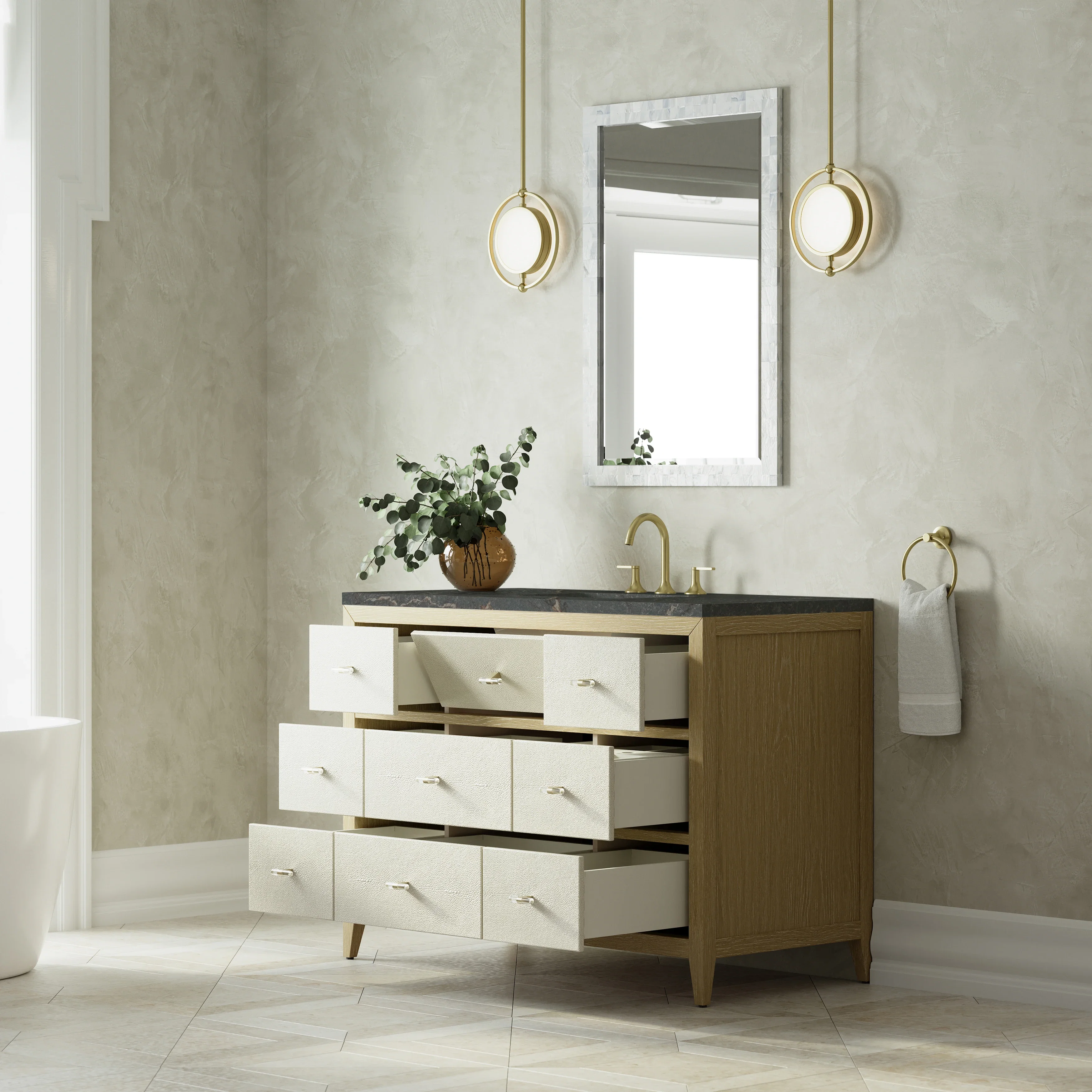 Celeste 48" Single Vanity, Sunwashed Oak with Embossed Shagreen w/ 3 CM Parisien Bleu Silestone Top