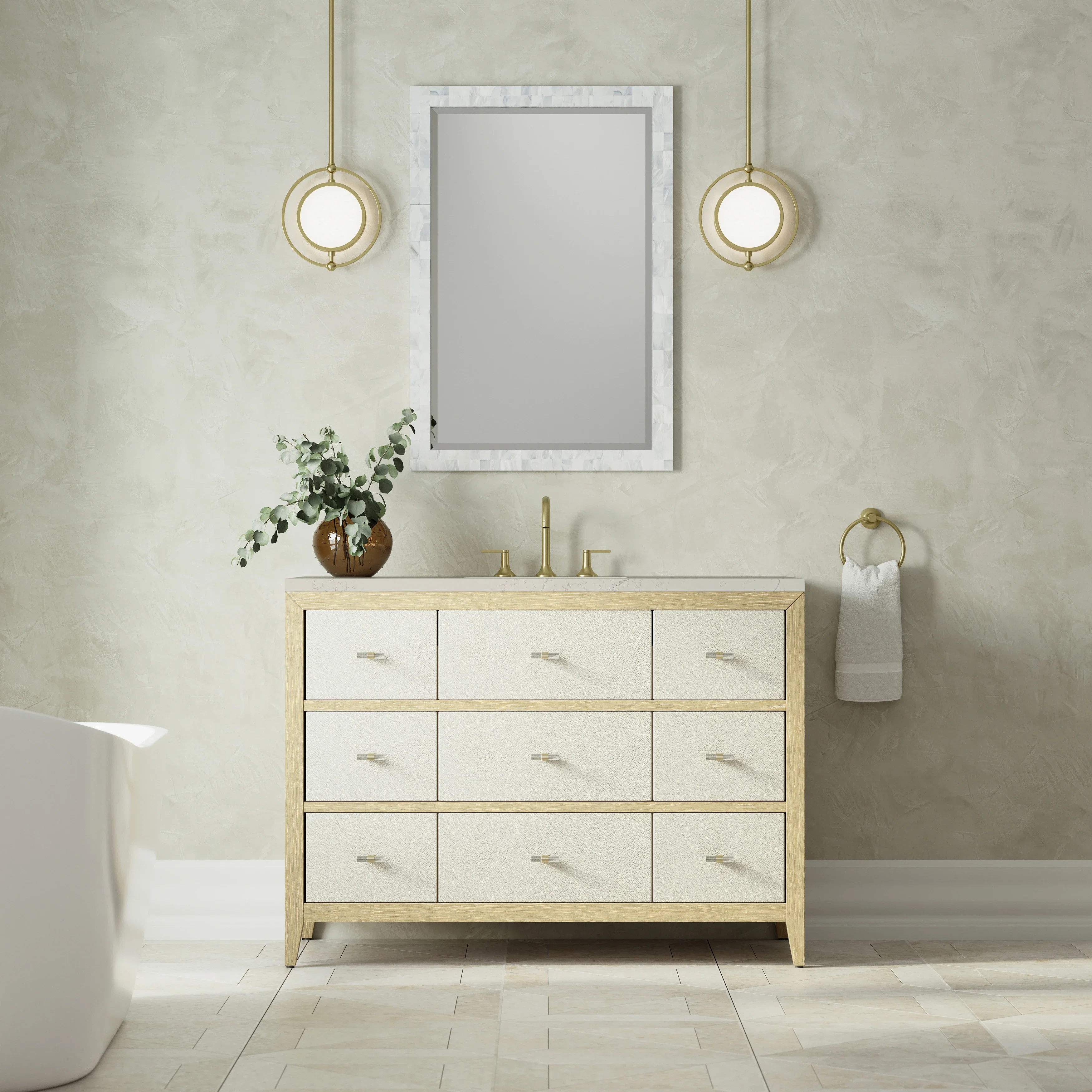 Celeste 48" Single Vanity, Sunwashed Oak with Embossed Shagreen, w/ 3 CM Siberian Silestone Top