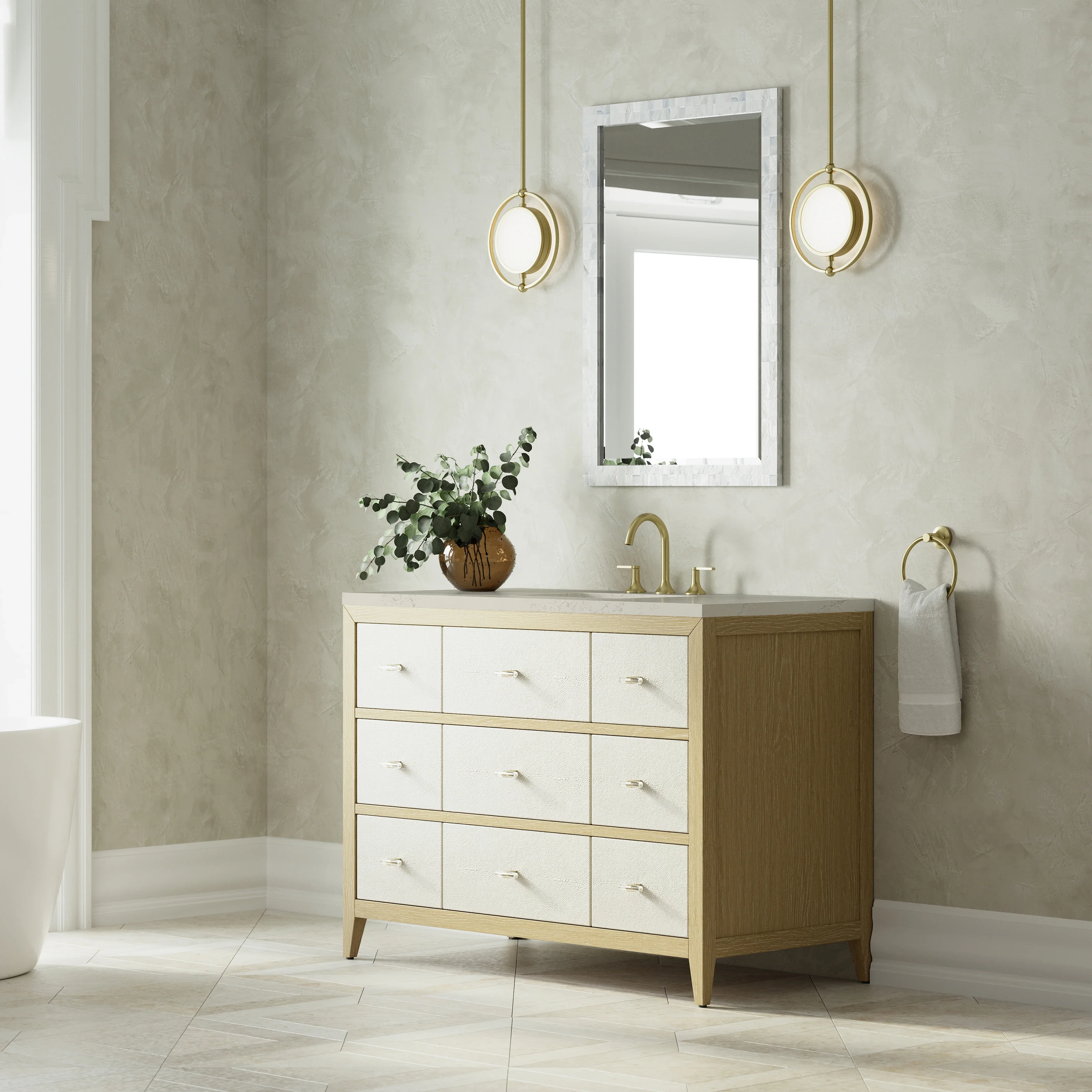 Celeste 48" Single Vanity, Sunwashed Oak with Embossed Shagreen, w/ 3 CM Siberian Silestone Top