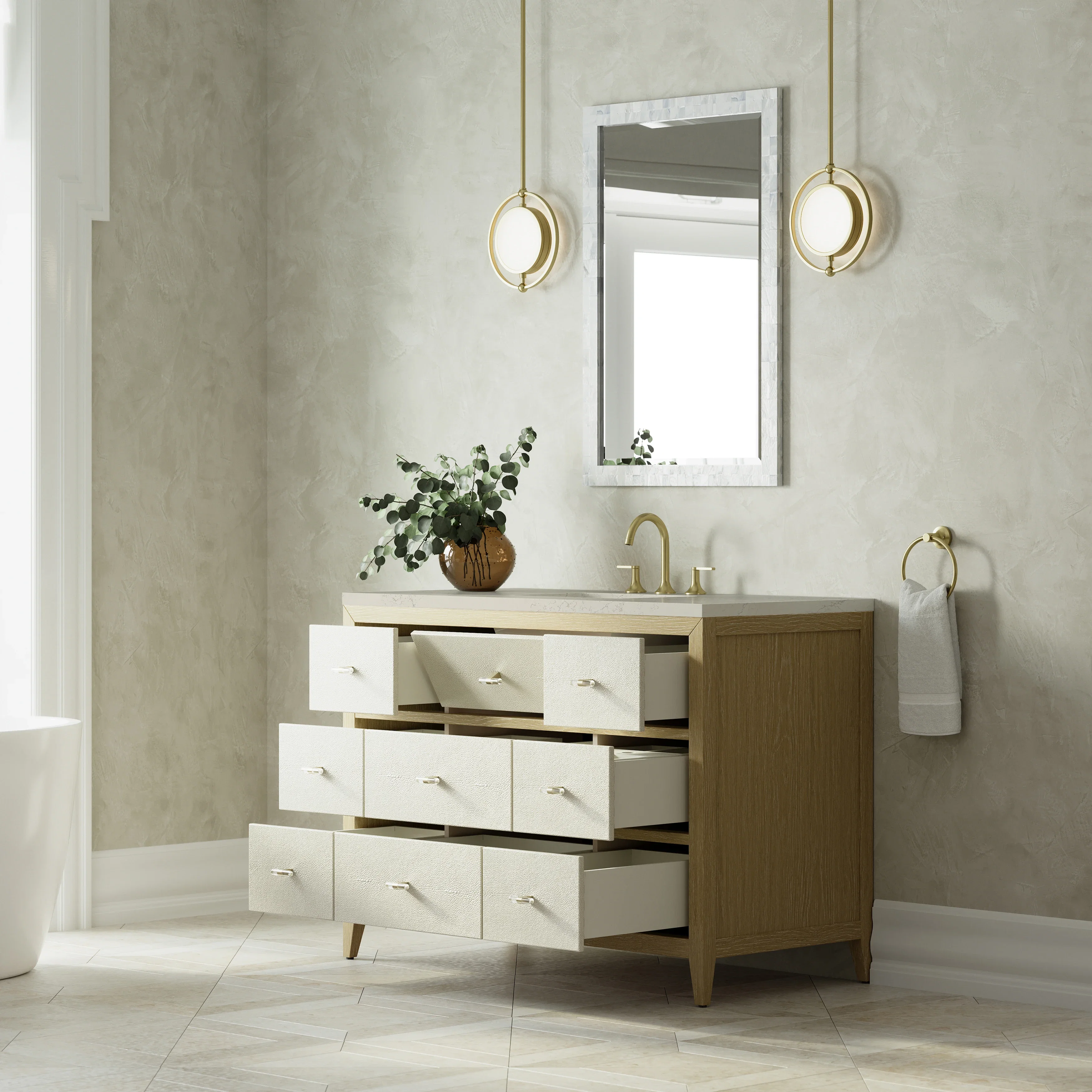 Celeste 48" Single Vanity, Sunwashed Oak with Embossed Shagreen, w/ 3 CM Siberian Silestone Top