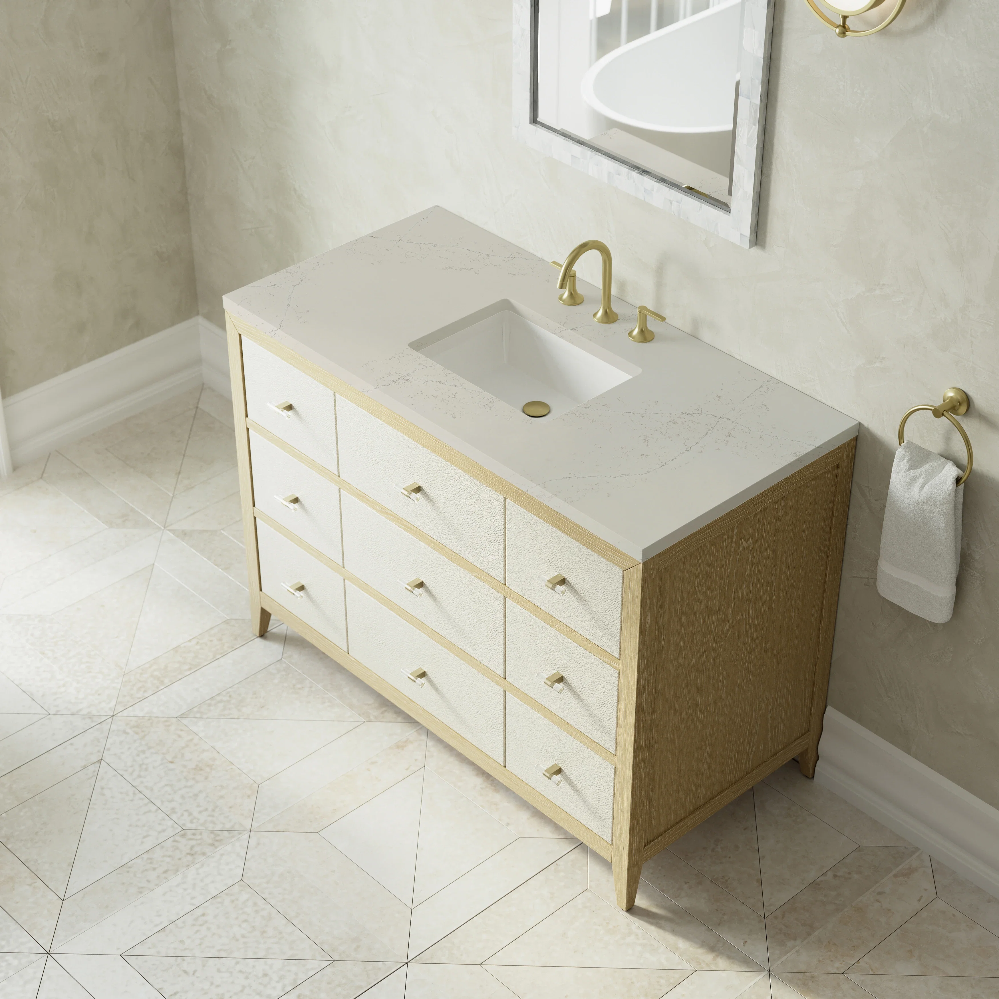 Celeste 48" Single Vanity, Sunwashed Oak with Embossed Shagreen, w/ 3 CM Siberian Silestone Top