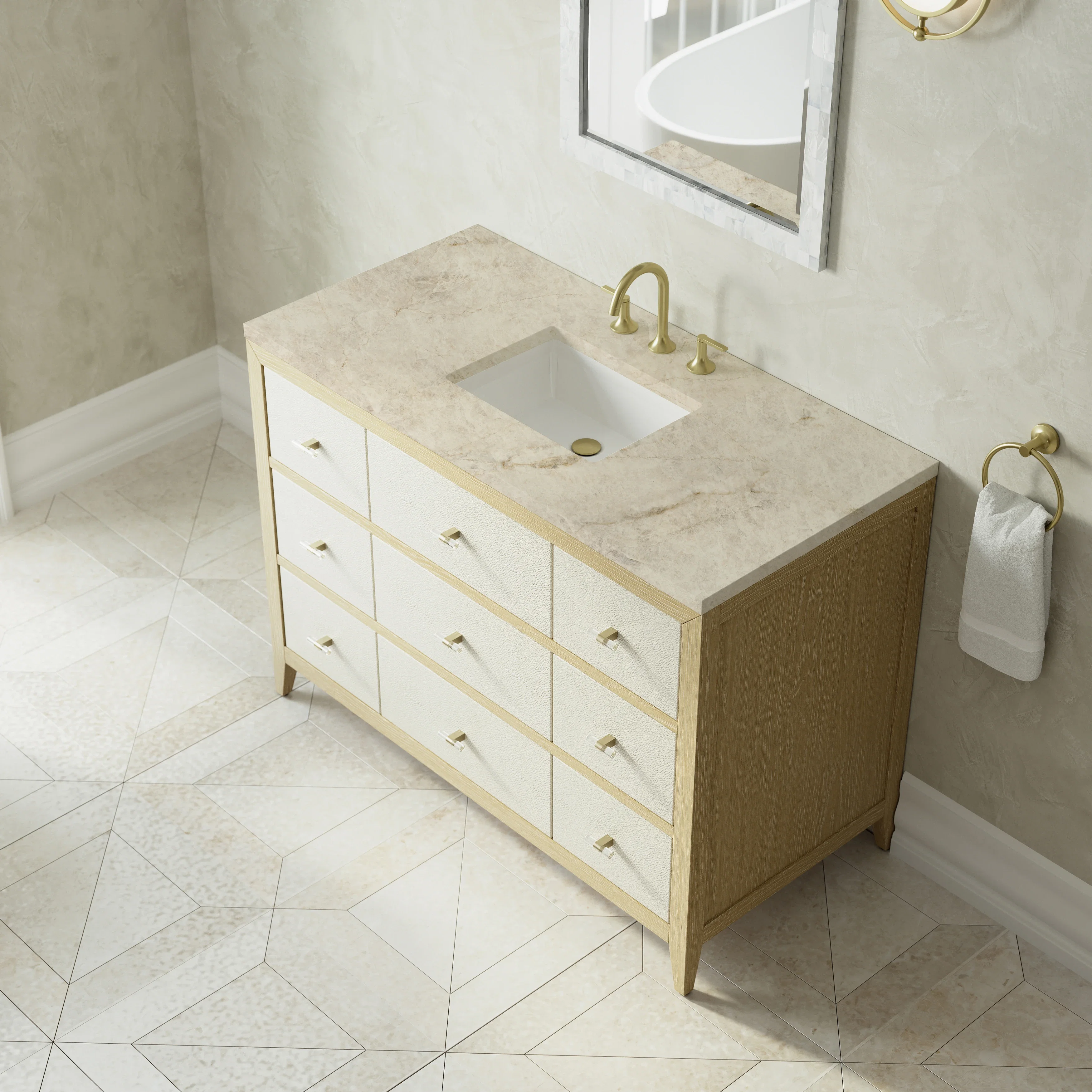 Celeste 48" Single Vanity, Sunwashed Oak with Embossed Shagreen, w/ 3 CM Tajnar Eclos Top