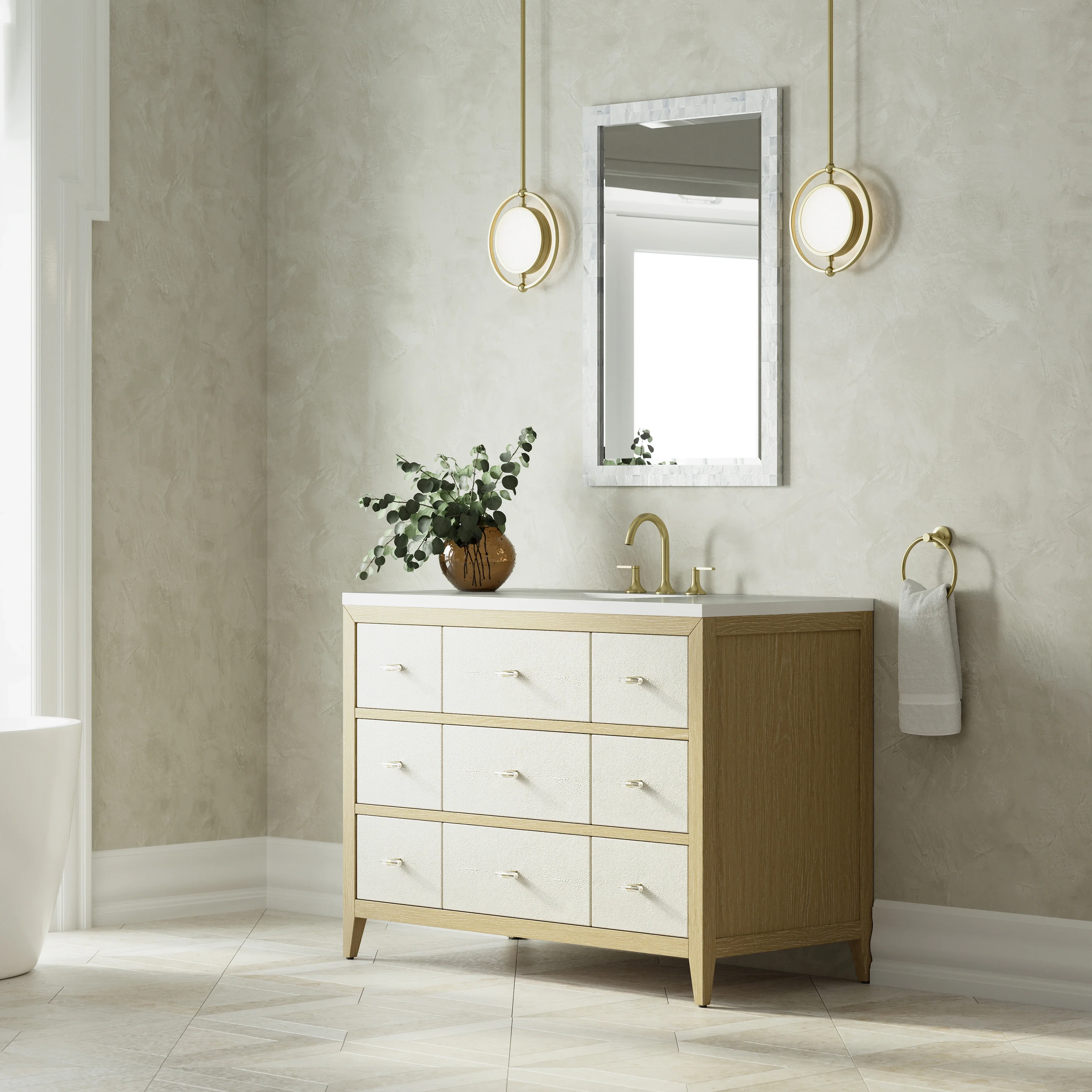 Celeste 48" Single Vanity, Sunwashed Oak with Embossed Shagreen w/ 3 CM White Zeus Silestone Top